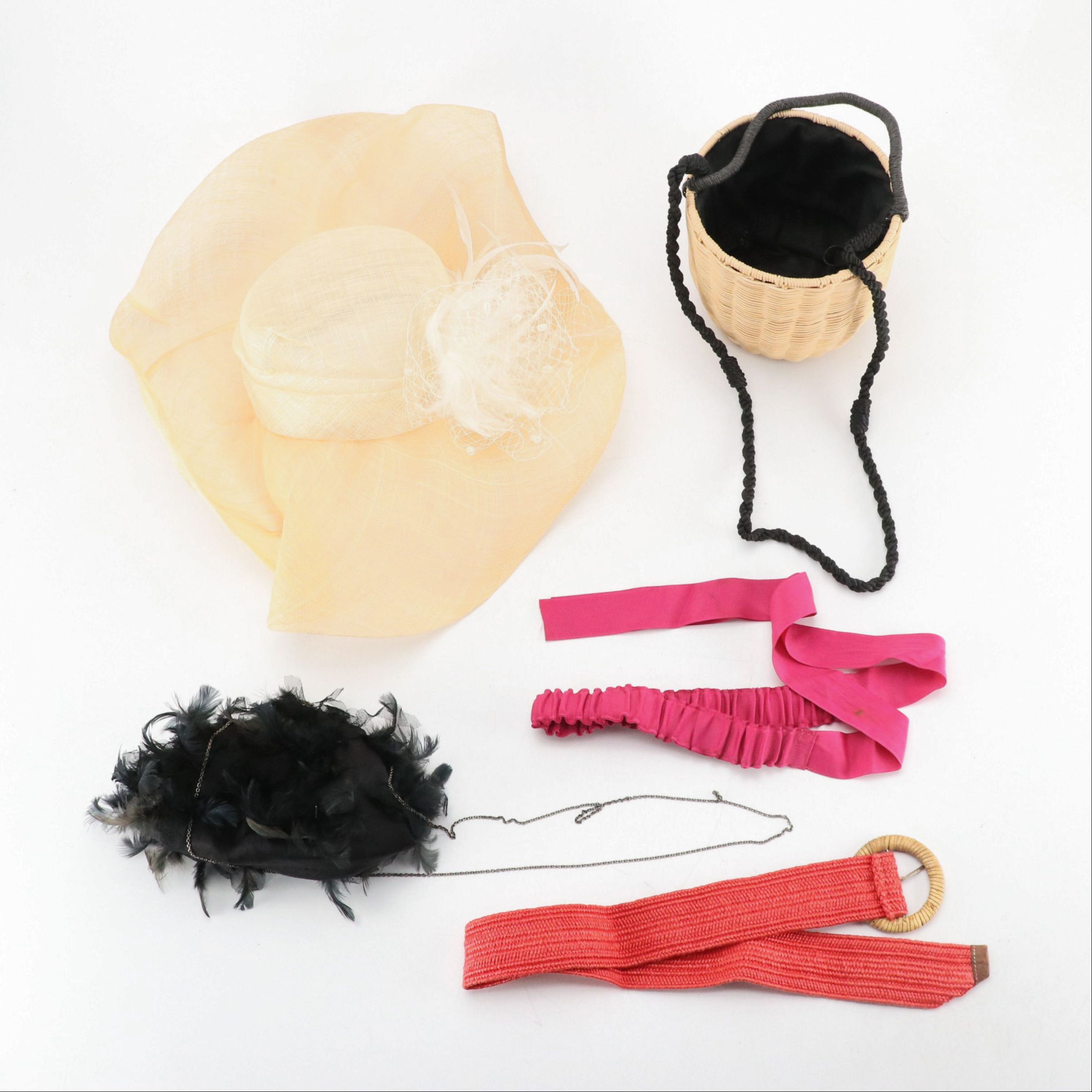 Scala Beige Sinamay Derby Hat, Santi Feathered Crossbody, Other Bag & Belts