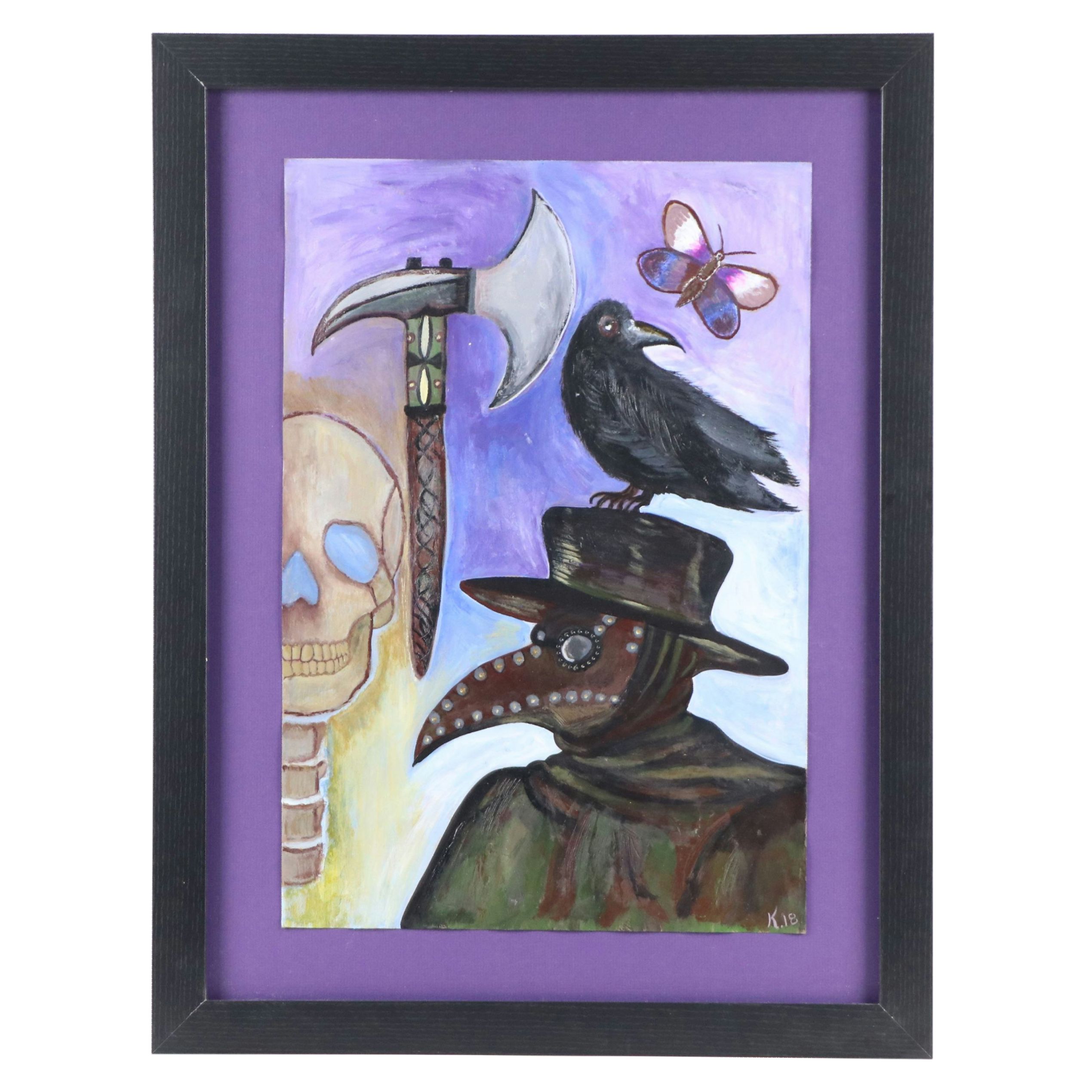 Acrylic Painting of Plague Doctor and Raven, 2018