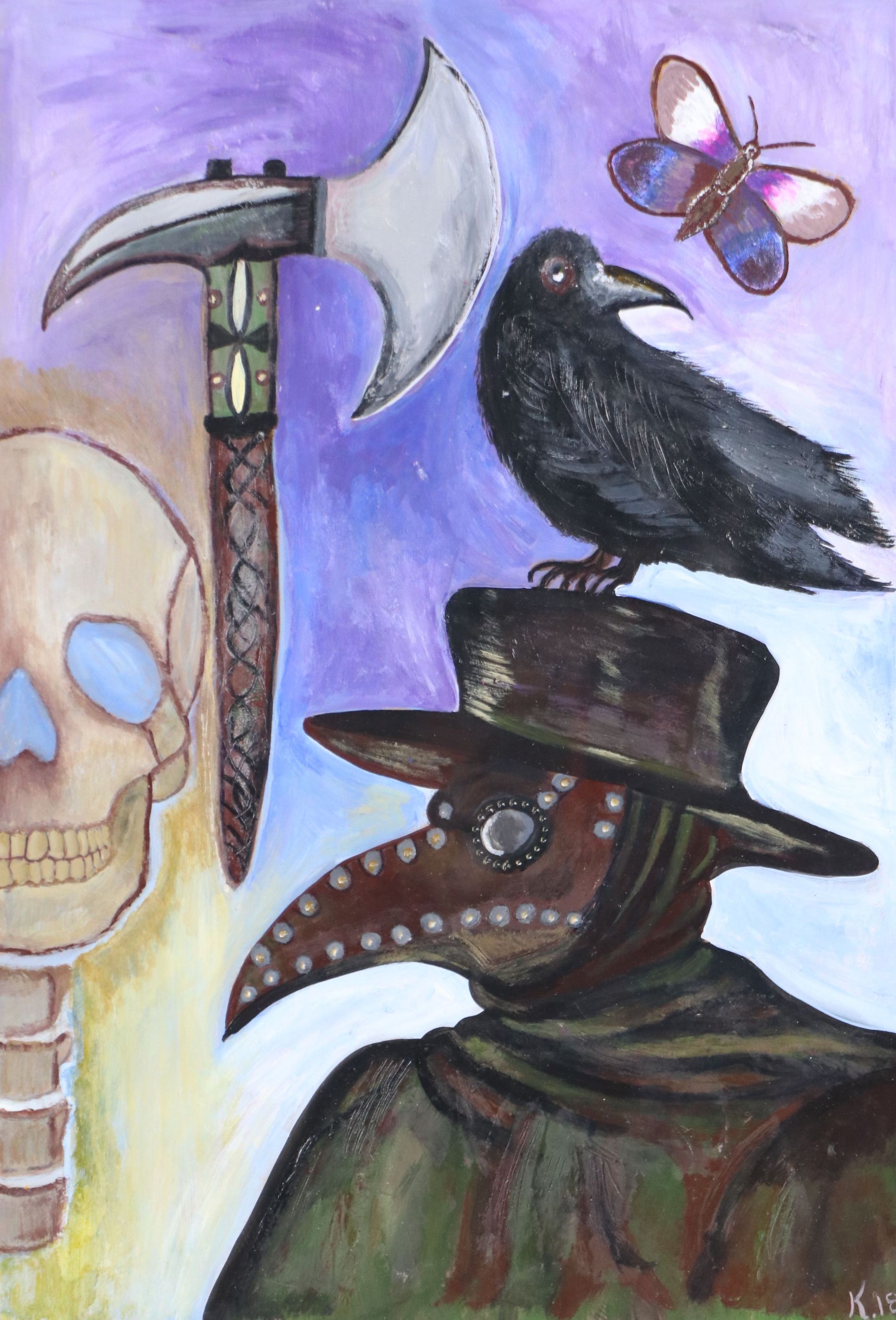Acrylic Painting of Plague Doctor and Raven, 2018