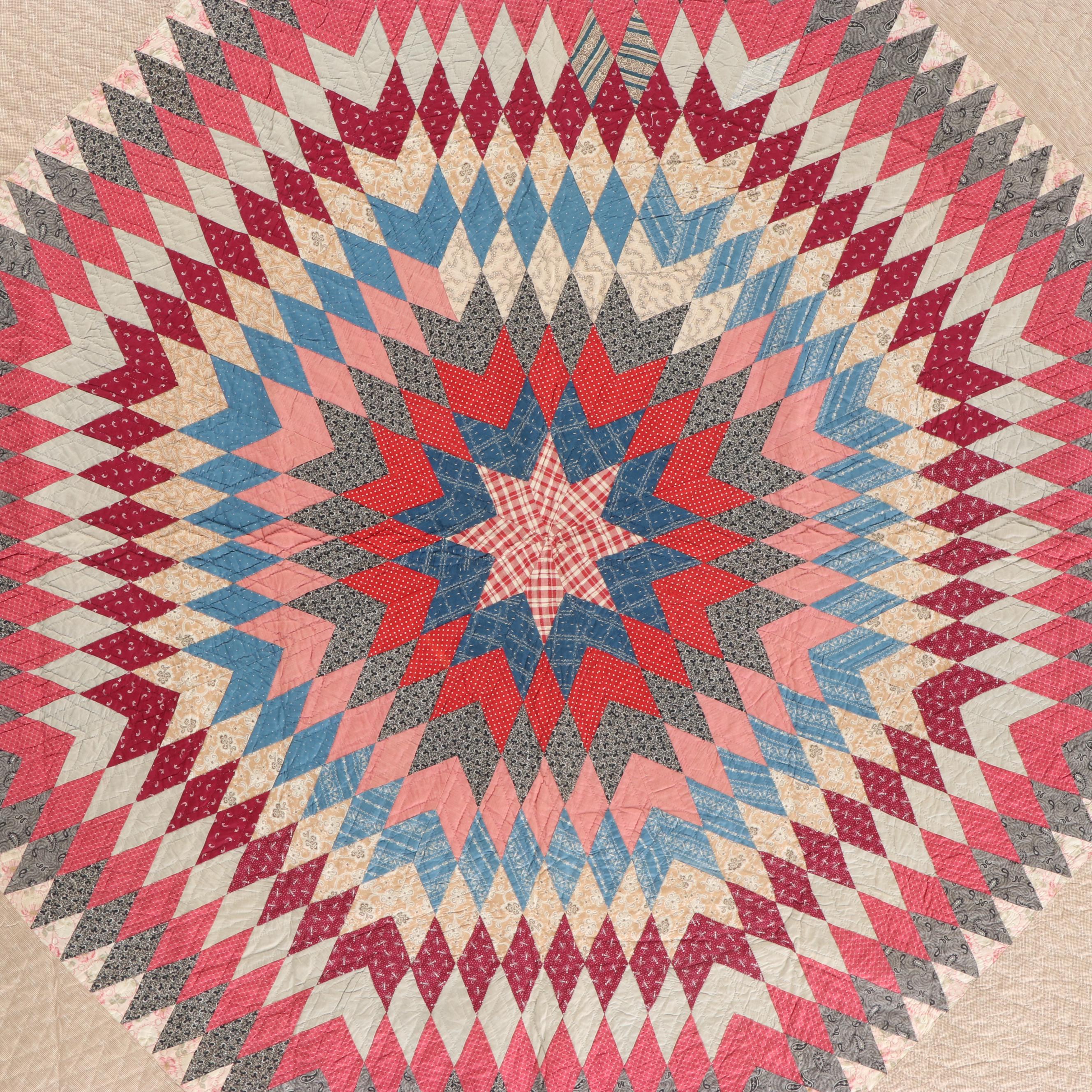 Hand-Pieced "Bursting Star" Antique Calico Quilt, 1911