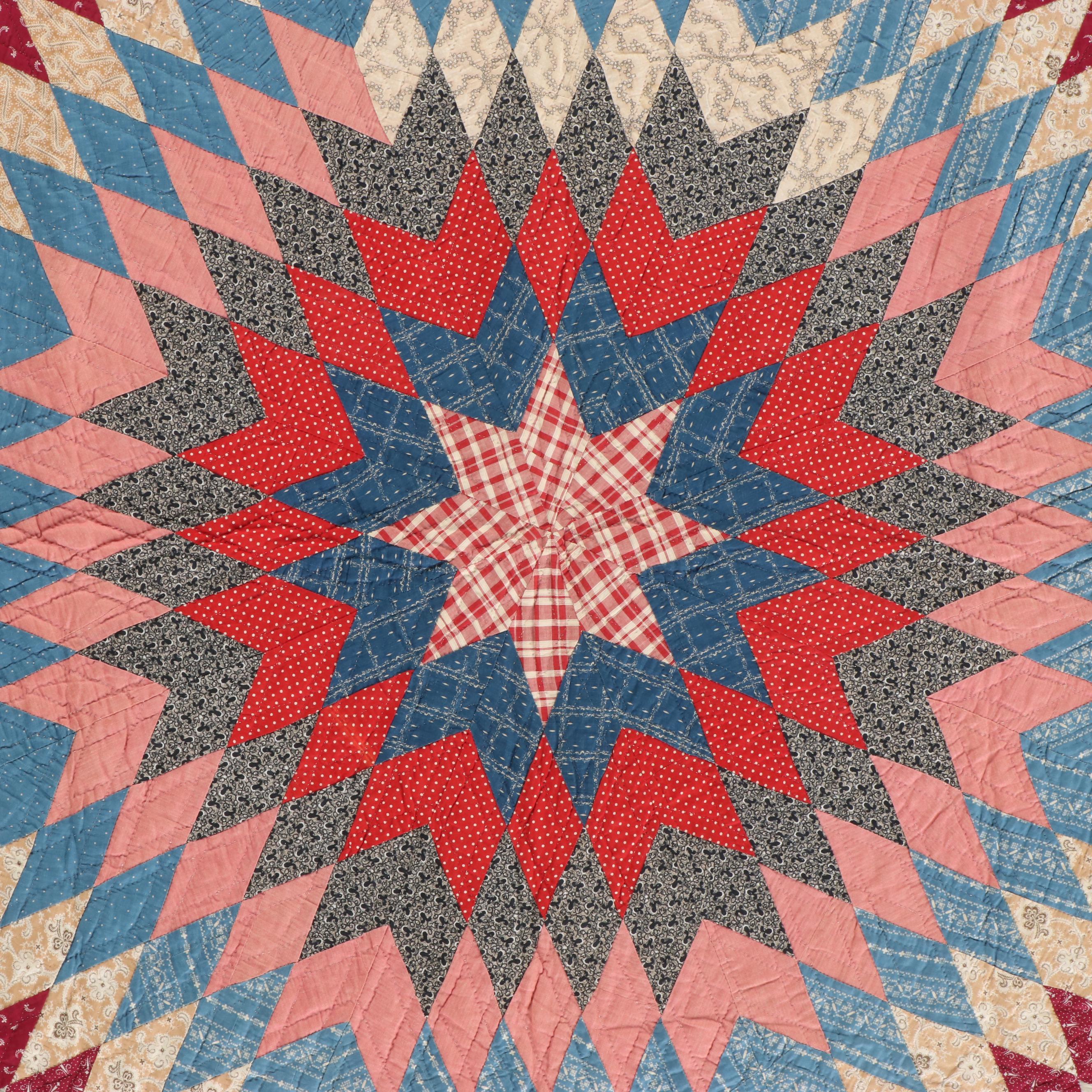 Hand-Pieced "Bursting Star" Antique Calico Quilt, 1911