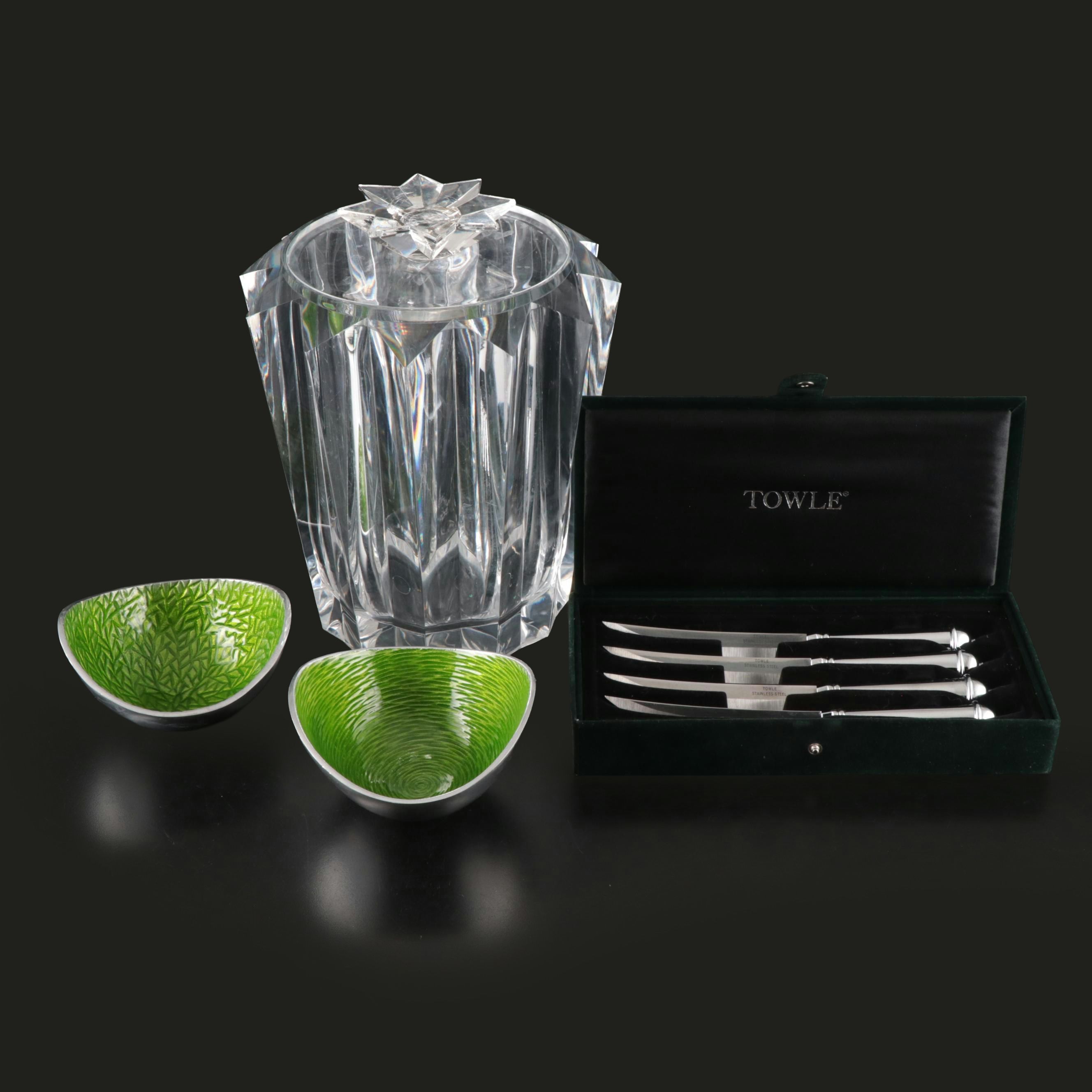 Judith Kruger Grainware "Tiara" Ice Bucket with Towle Knives and Other Bowls