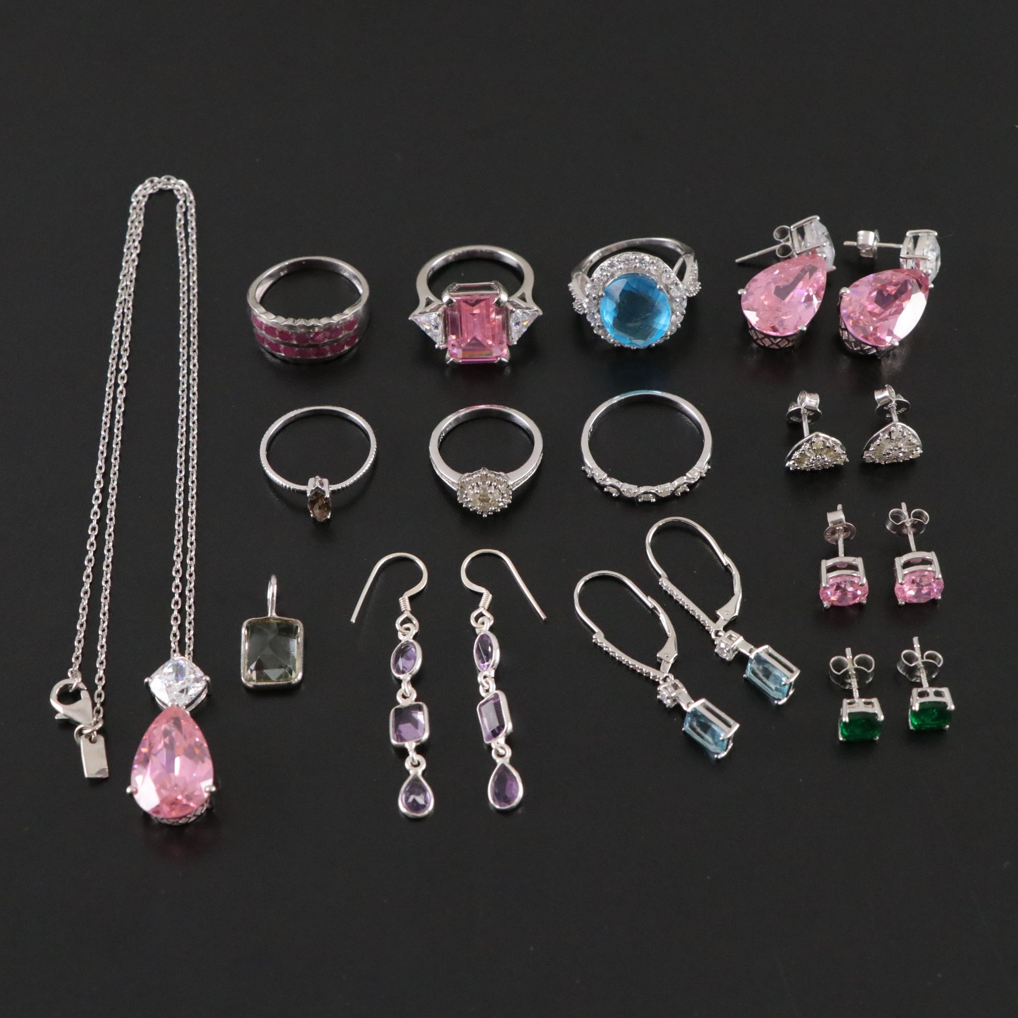 14 Assorted Sterling Silver Rings, Necklaces, Earring Sets, and a Pendant