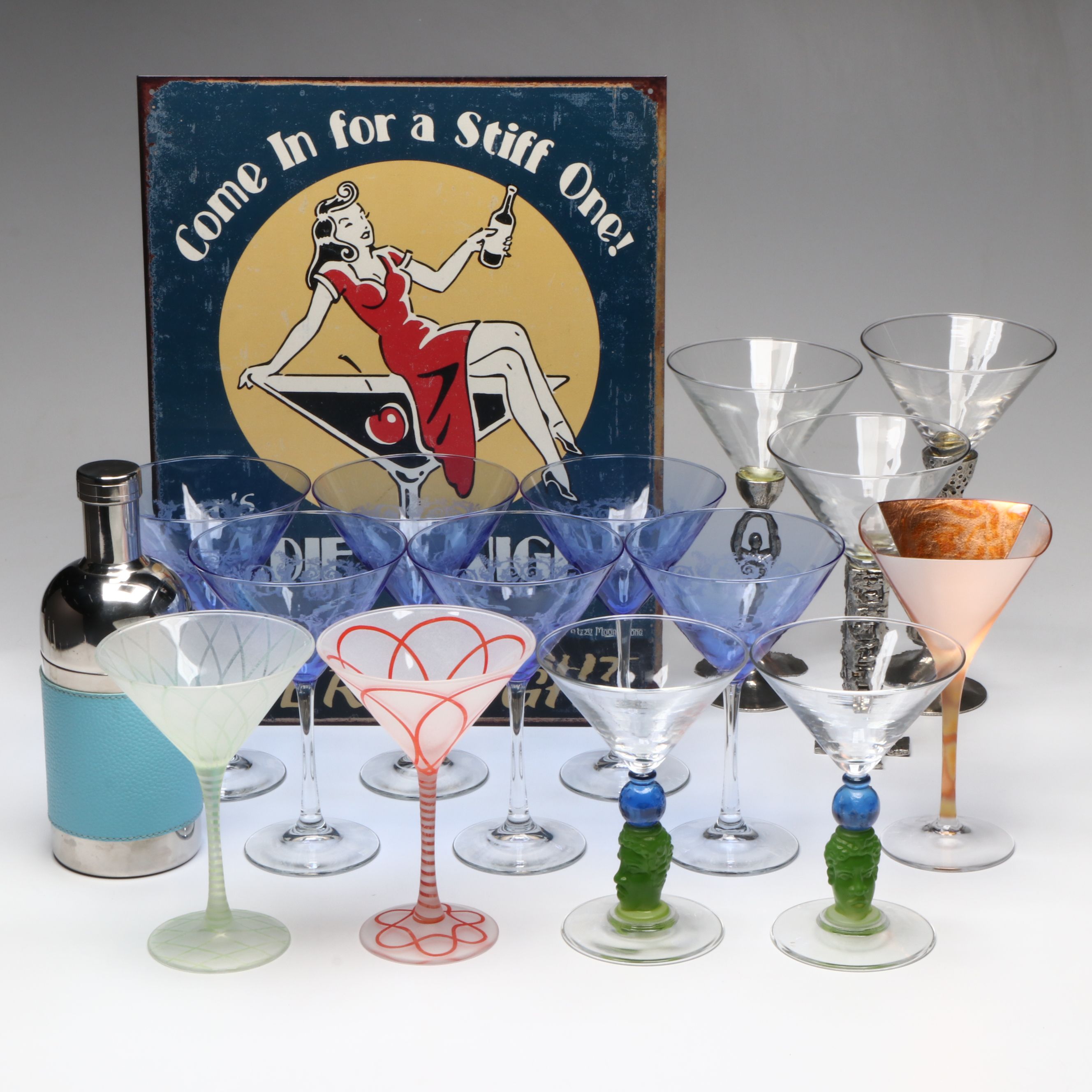 Richard Jolley and Other Art Glass Martini Glasses with More Bar Accessories