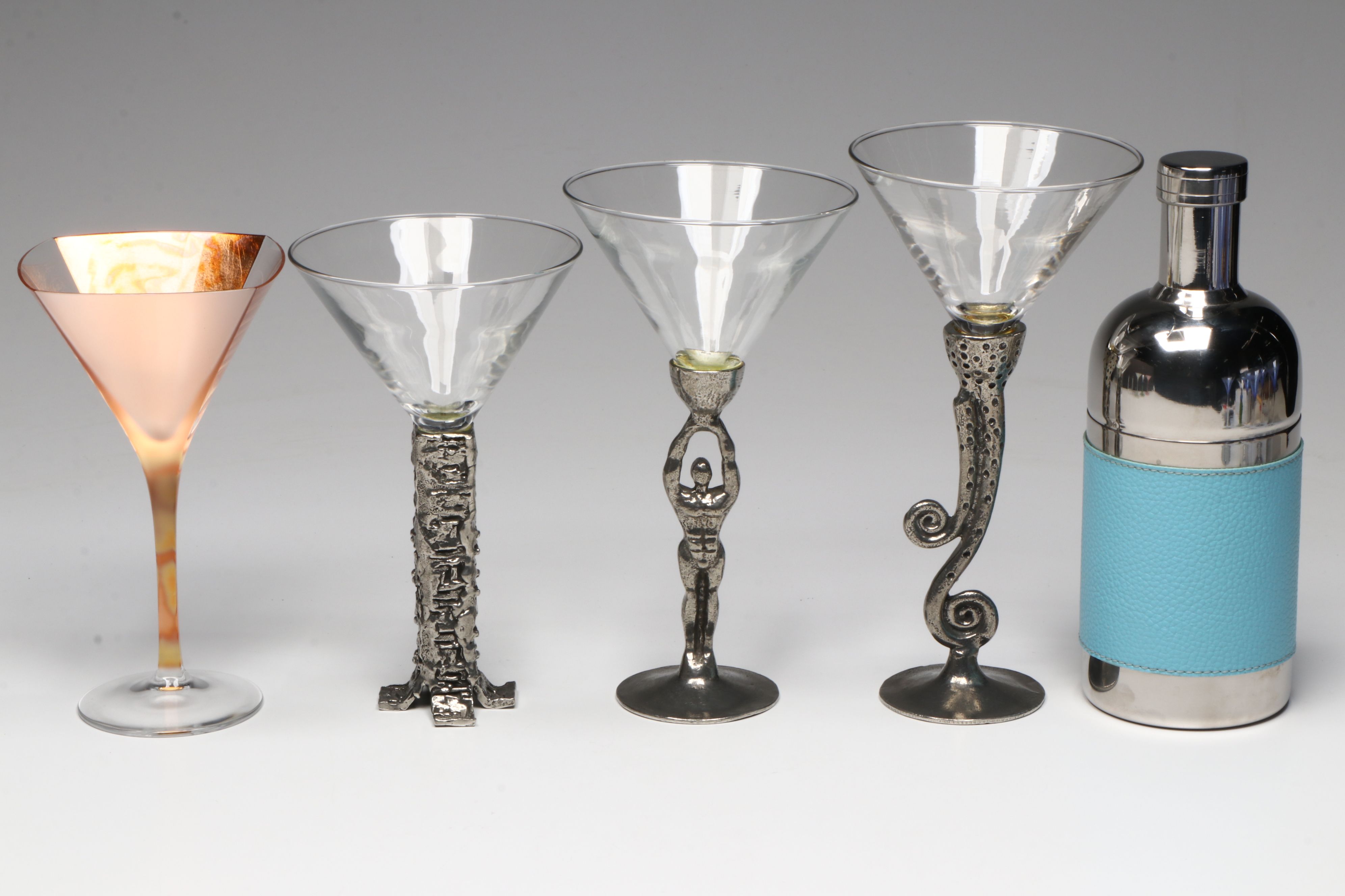 Richard Jolley and Other Art Glass Martini Glasses with More Bar Accessories