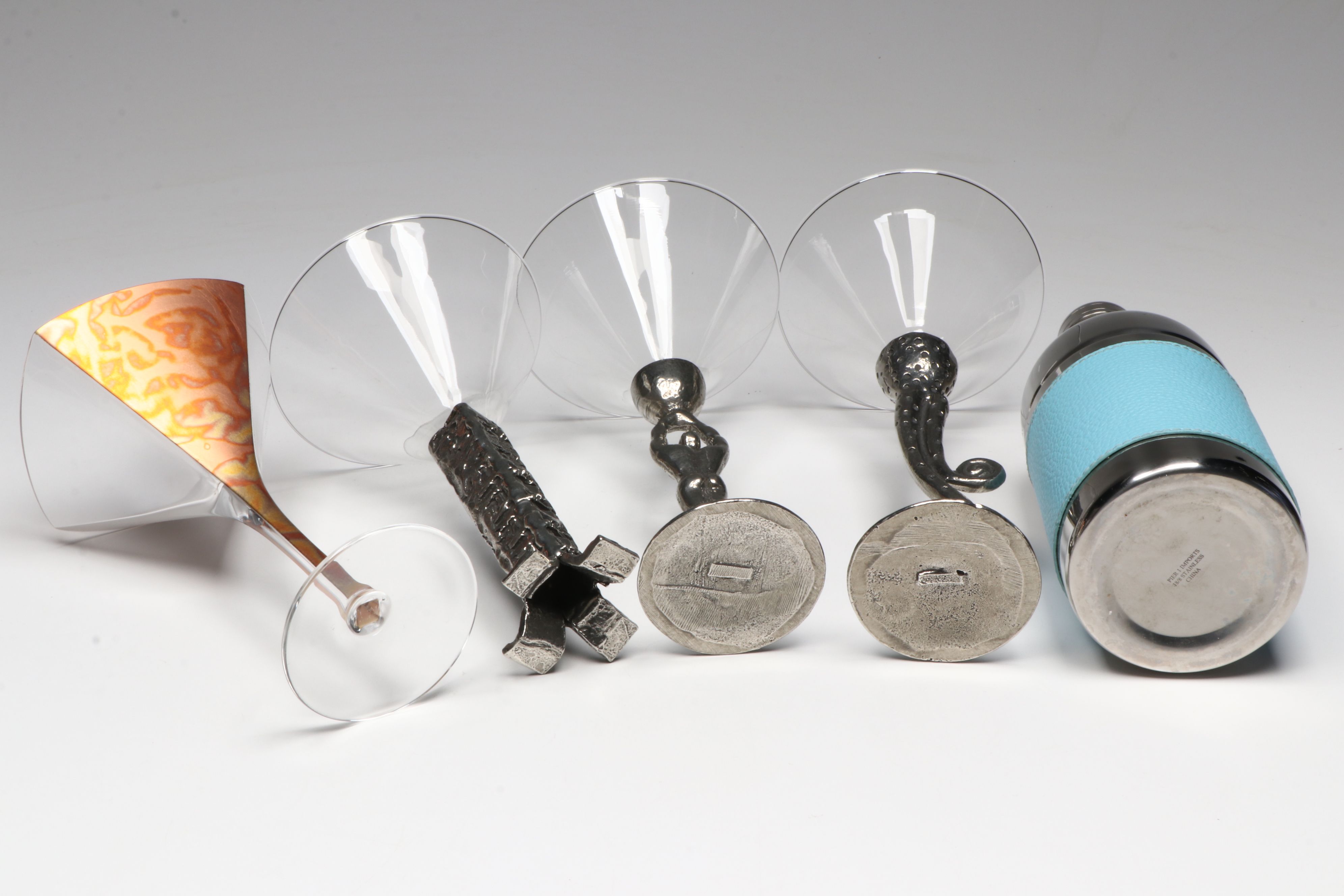 Richard Jolley and Other Art Glass Martini Glasses with More Bar Accessories