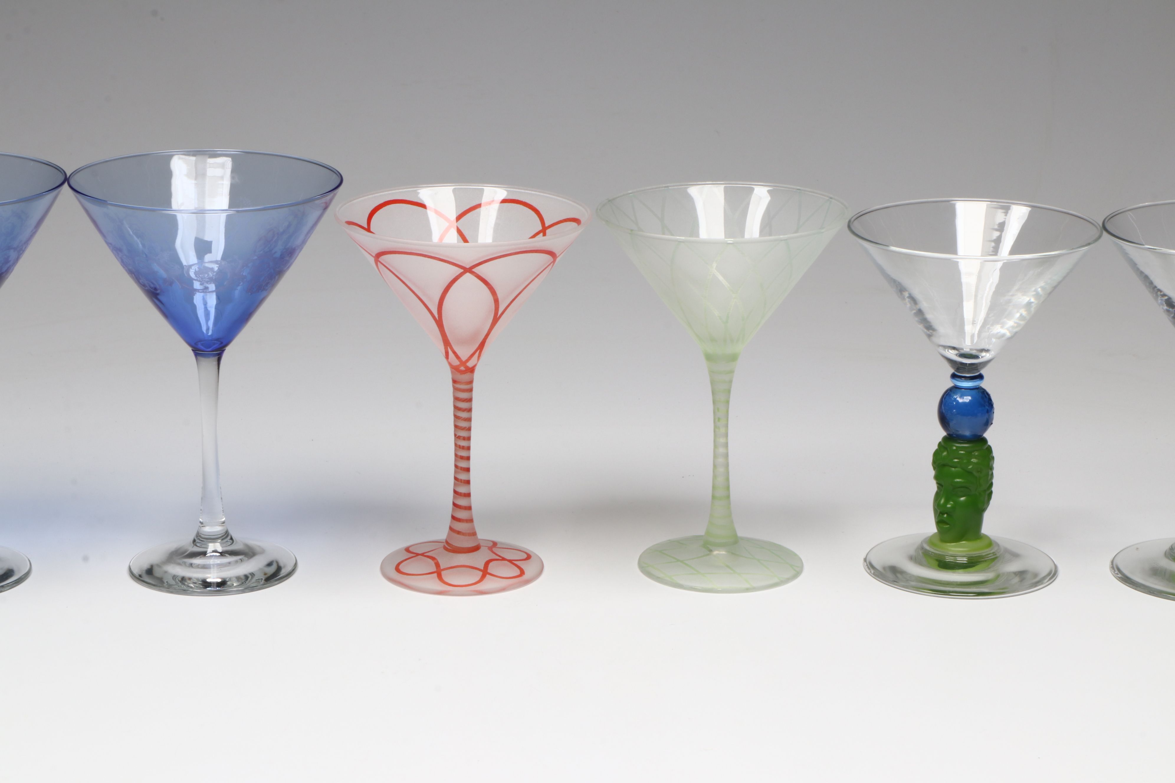 Richard Jolley and Other Art Glass Martini Glasses with More Bar Accessories