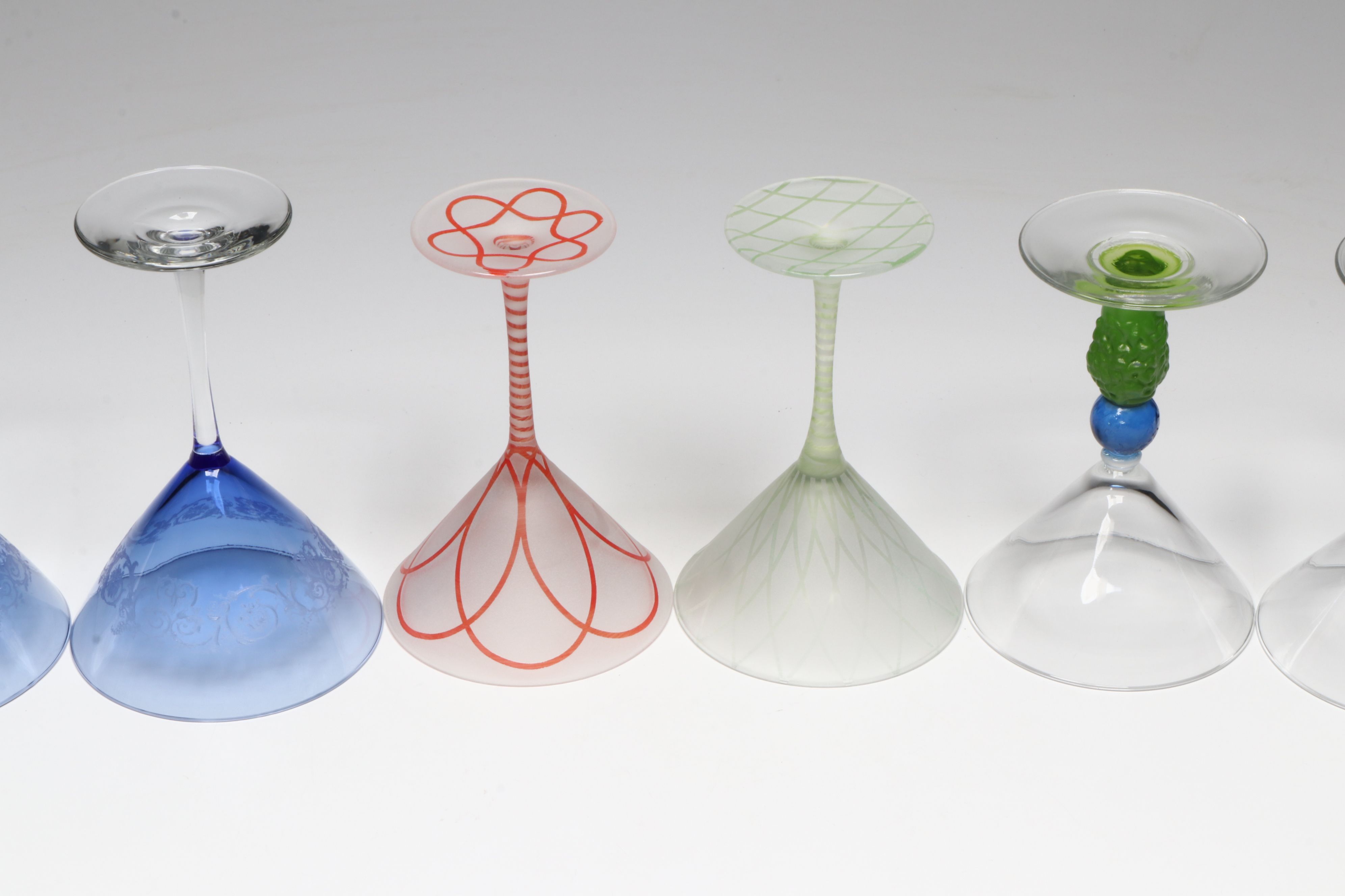 Richard Jolley and Other Art Glass Martini Glasses with More Bar Accessories