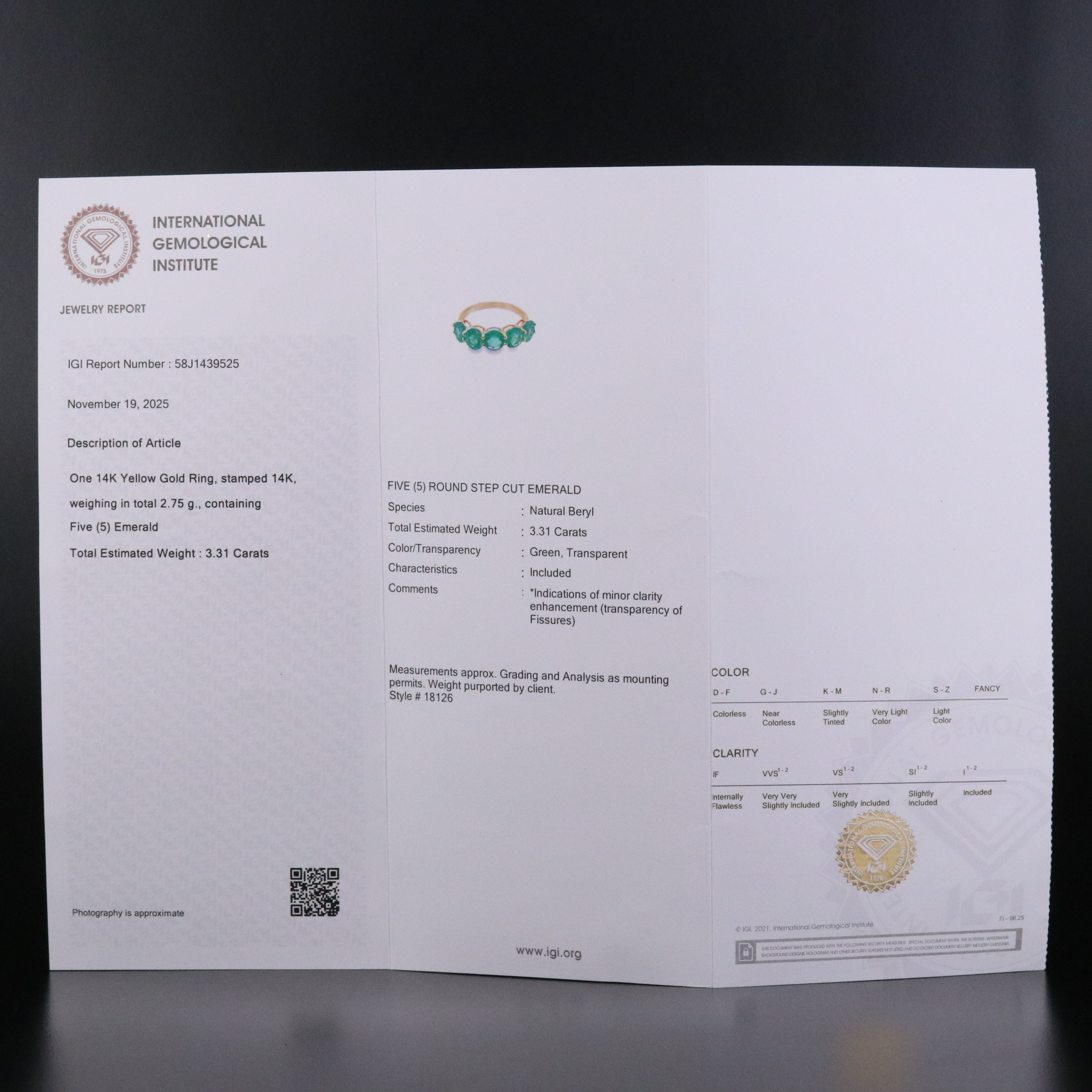 14K EmeraldRing with IGI Jewelry Report