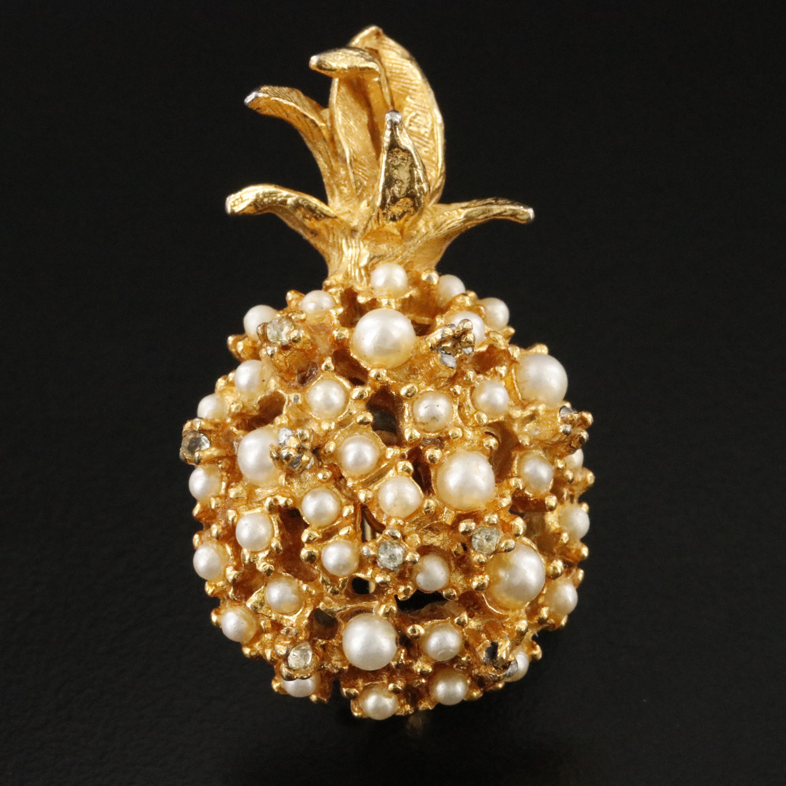 Vintage Alice Caviness Rhinestone and Faux Pearl Pineapple Brooch