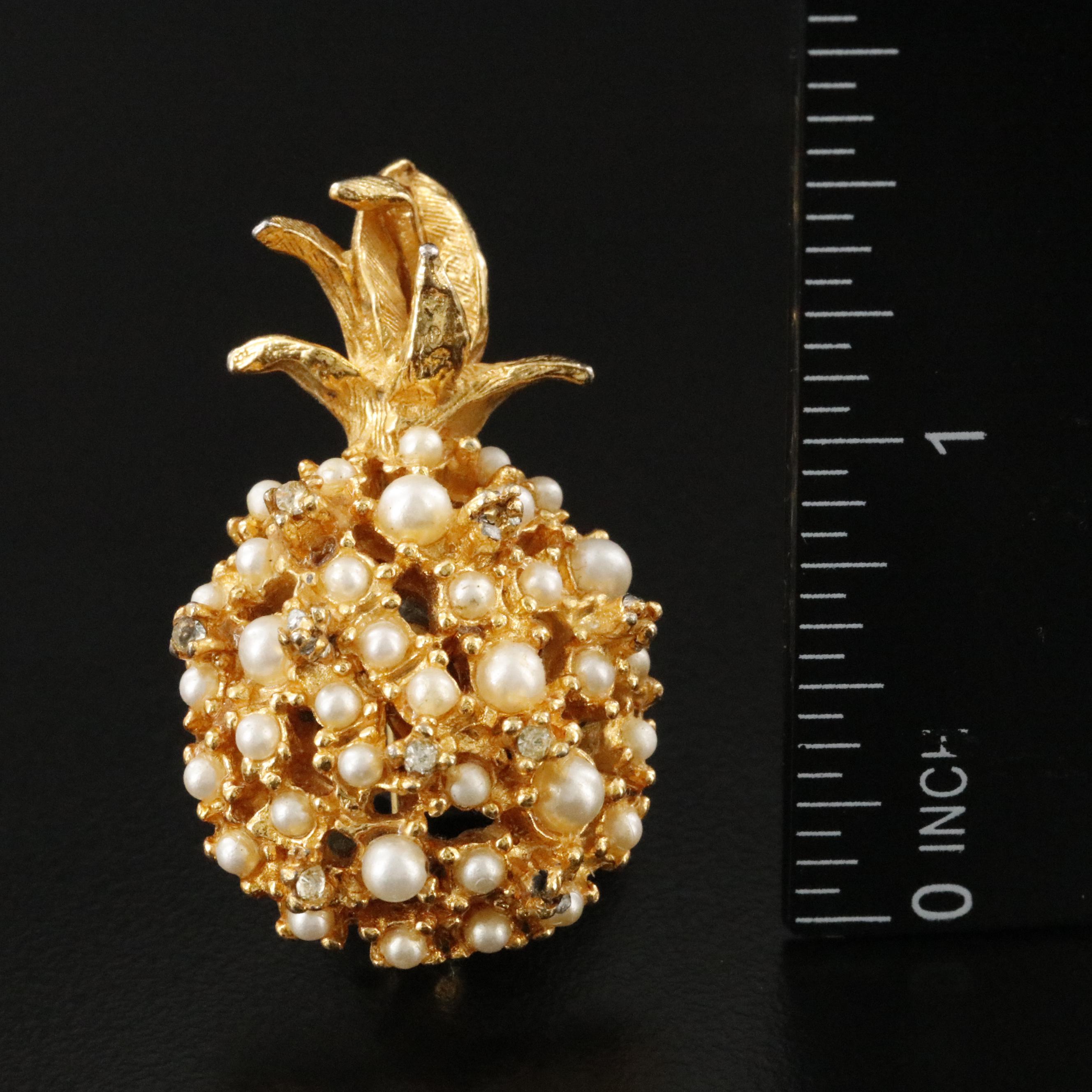 Vintage Alice Caviness Rhinestone and Faux Pearl Pineapple Brooch