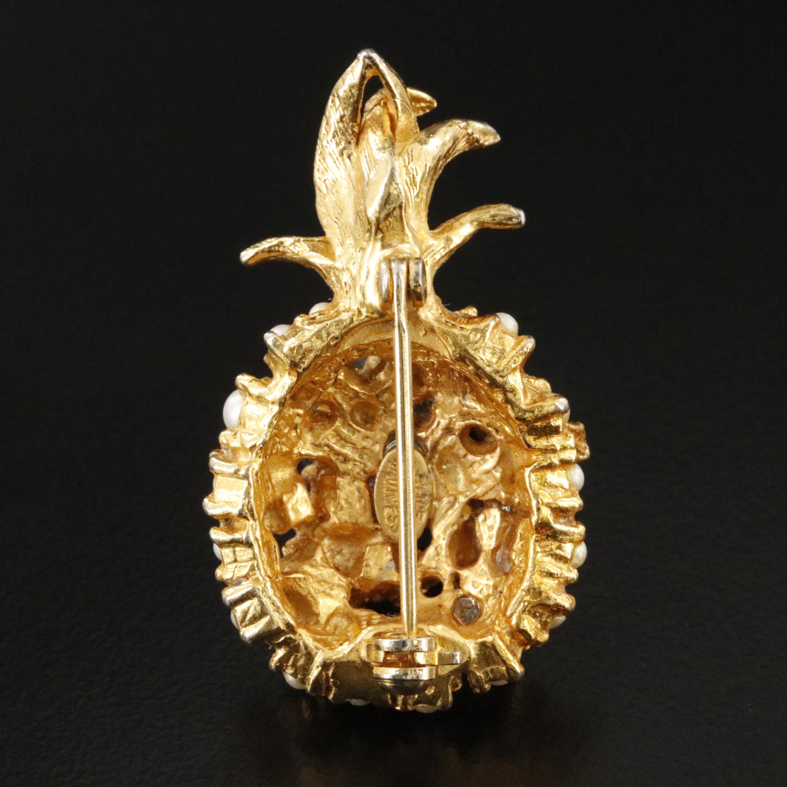 Vintage Alice Caviness Rhinestone and Faux Pearl Pineapple Brooch