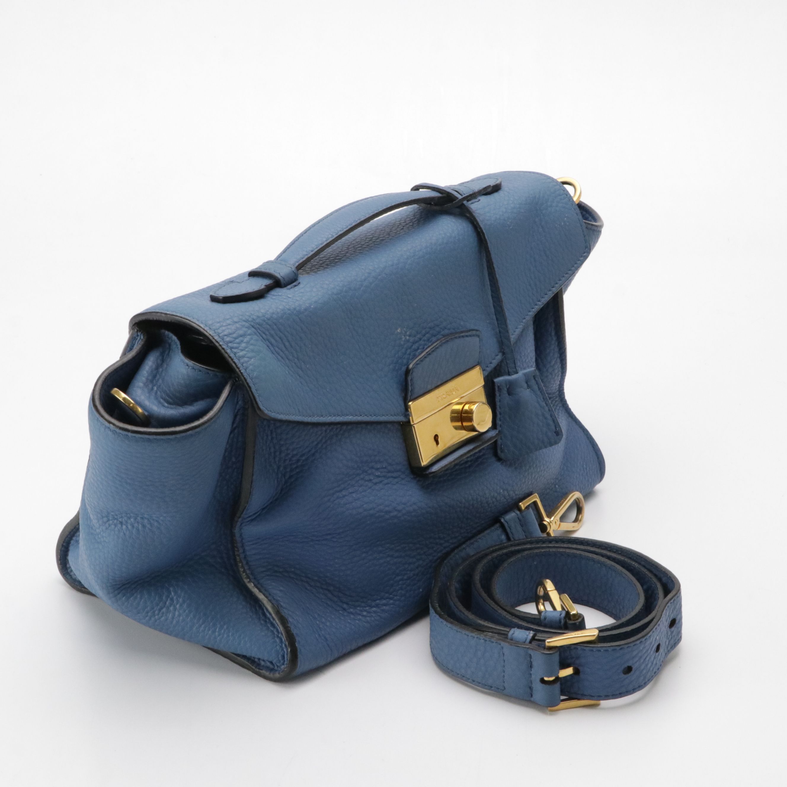 Prada Sound Lock Two-Way Satchel in Blue Vitello Daino Leather