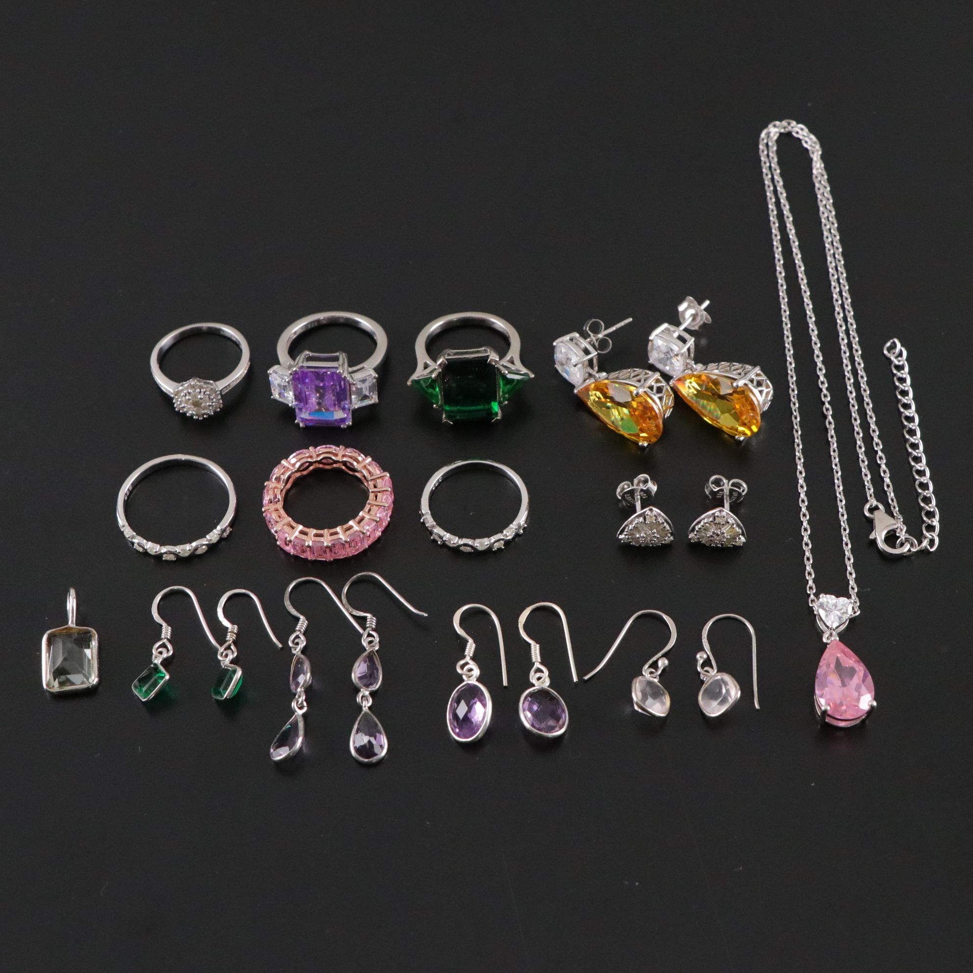 14 Assorted Sterling Silver Necklace, Rings, and Earrings Set