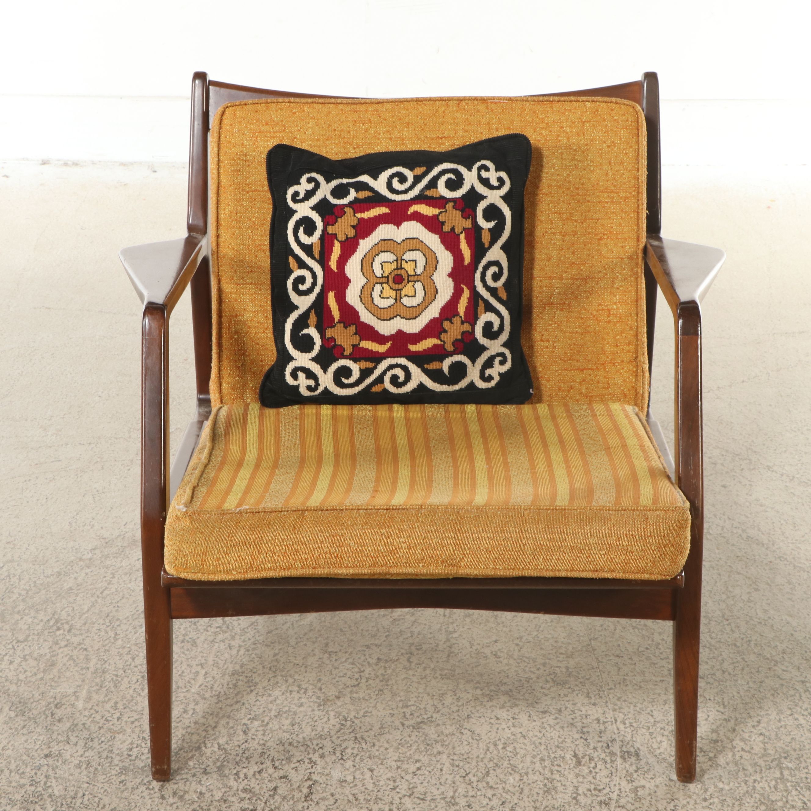 Mid Century Modern Walnut Lounge Chair with Bargello Throw Pillow