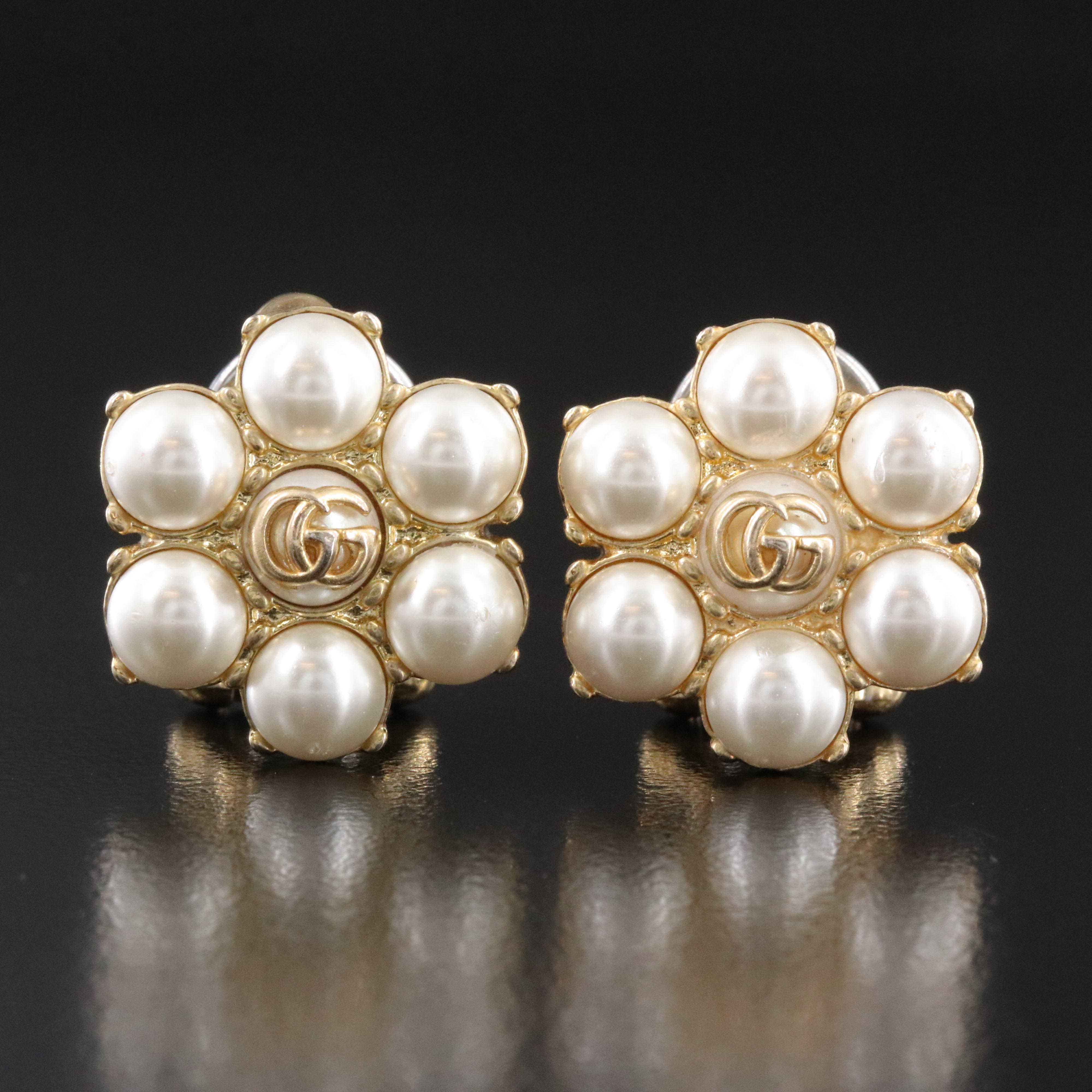 Gucci Running G Faux Pearl Clip Earrings
