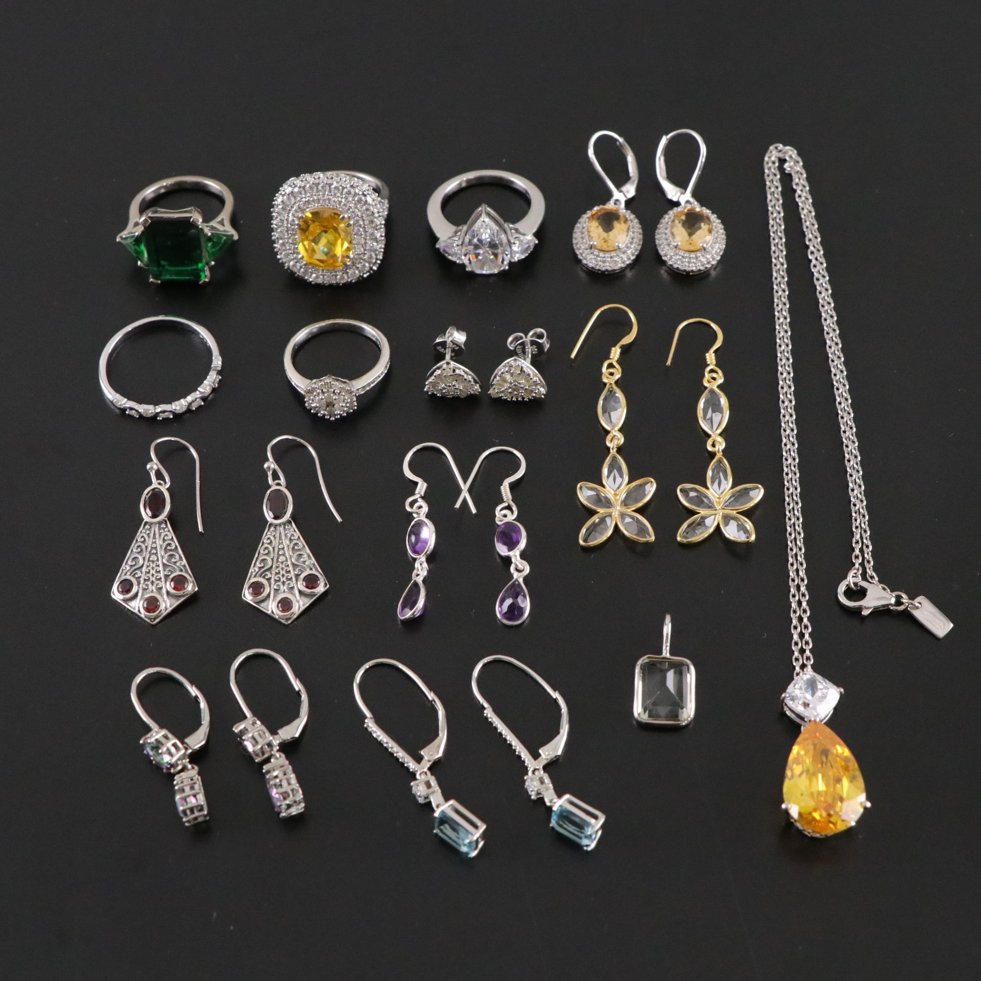 14 Assorted Sterling Silver Rings, Earrings Sets, and a Necklace