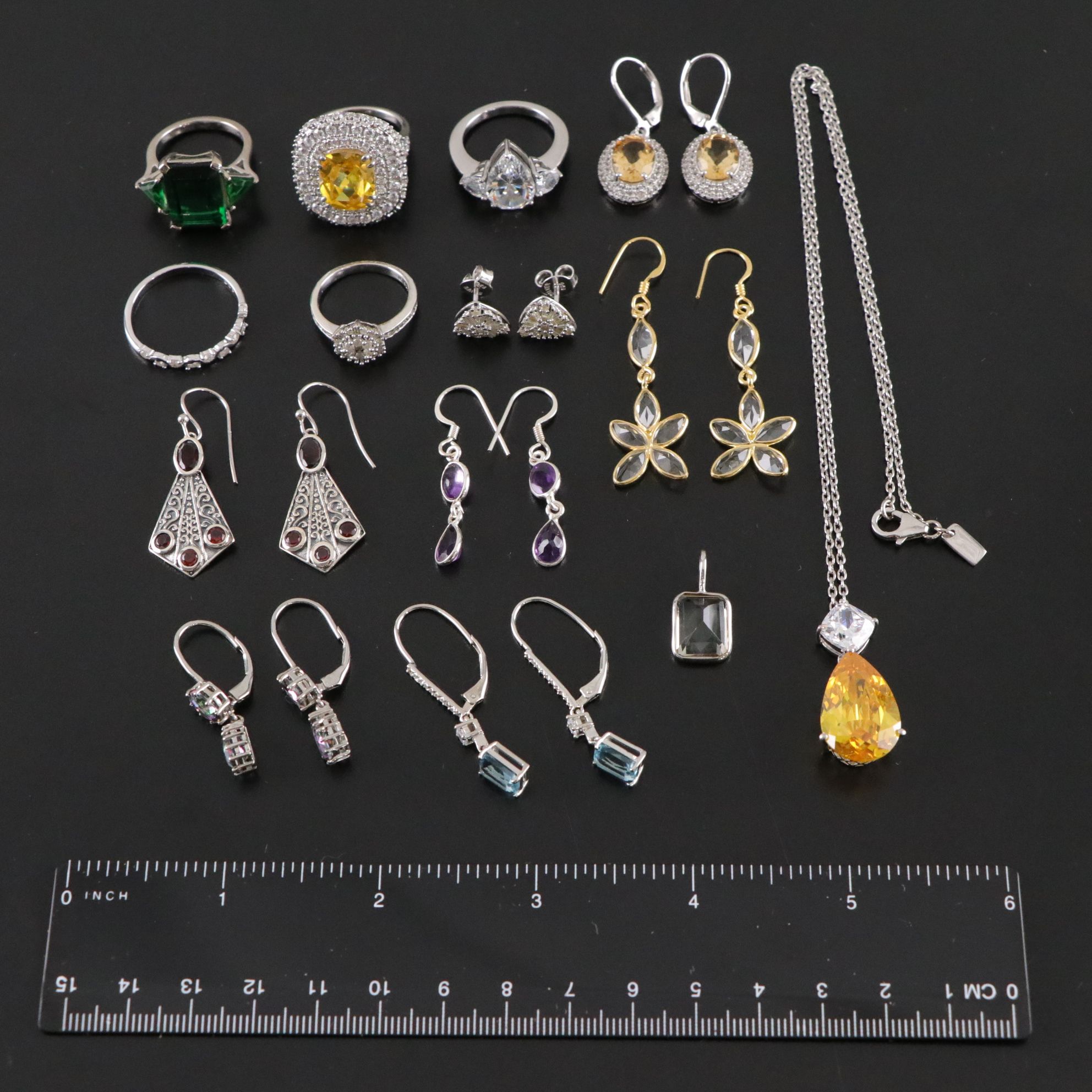 14 Assorted Sterling Silver Rings, Earrings Sets, and a Necklace