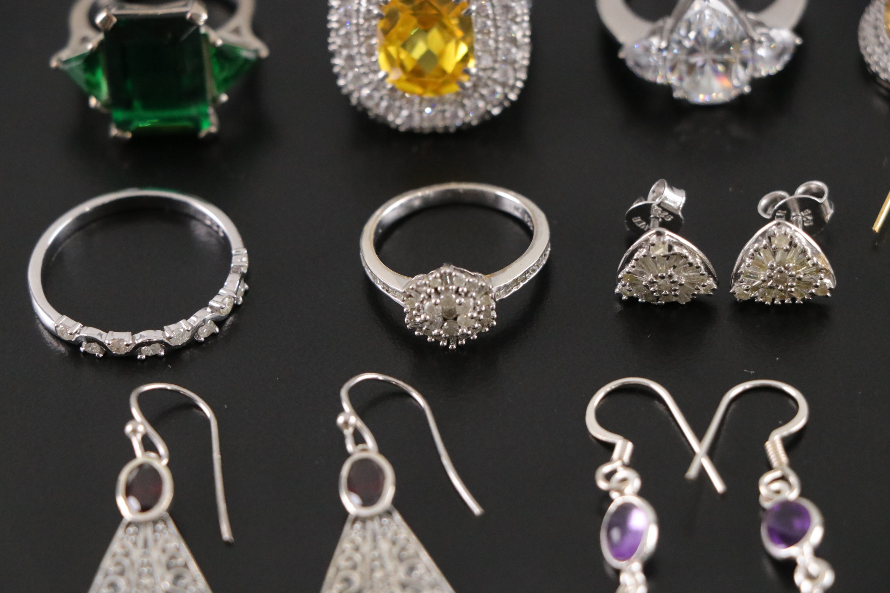 14 Assorted Sterling Silver Rings, Earrings Sets, and a Necklace