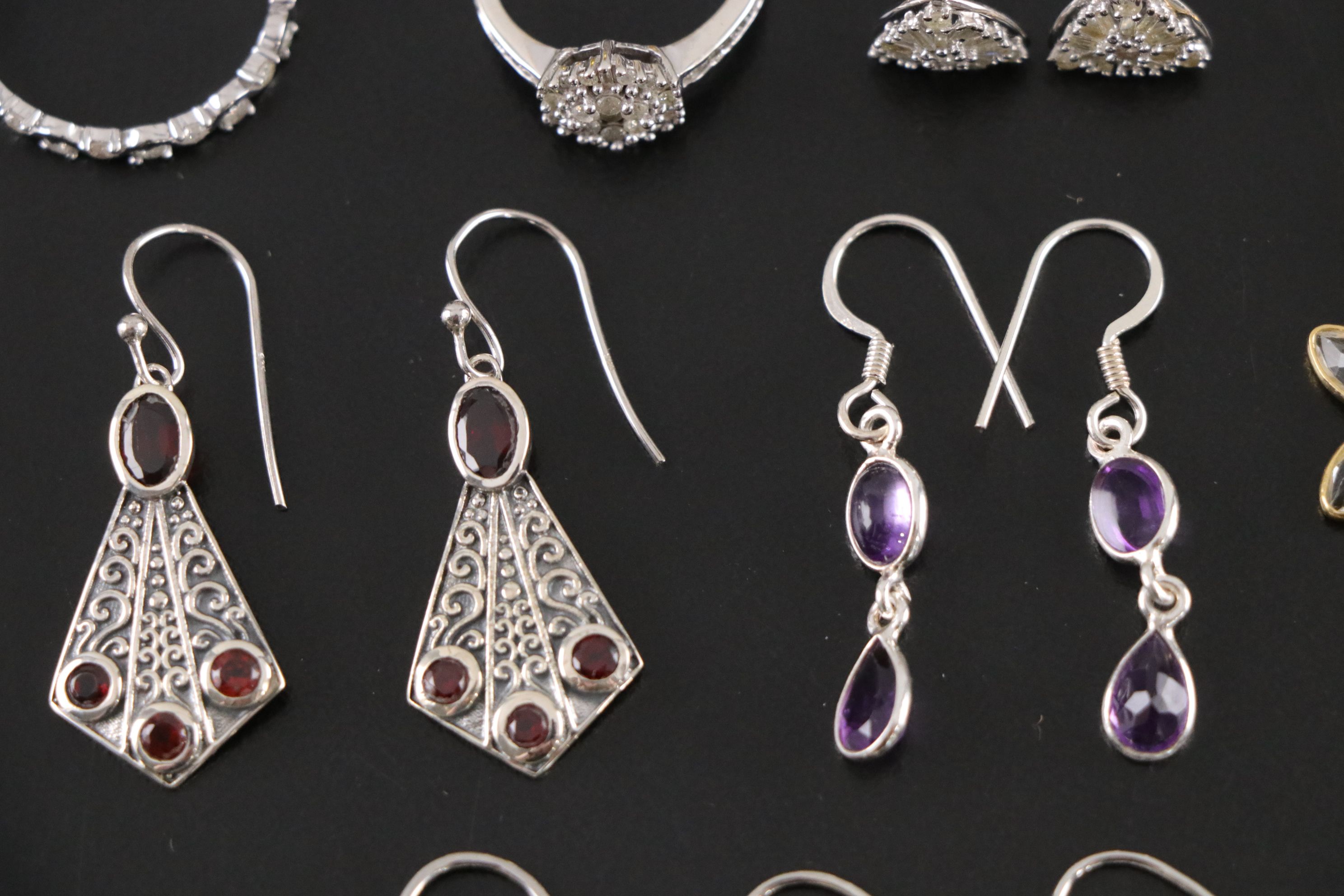 14 Assorted Sterling Silver Rings, Earrings Sets, and a Necklace