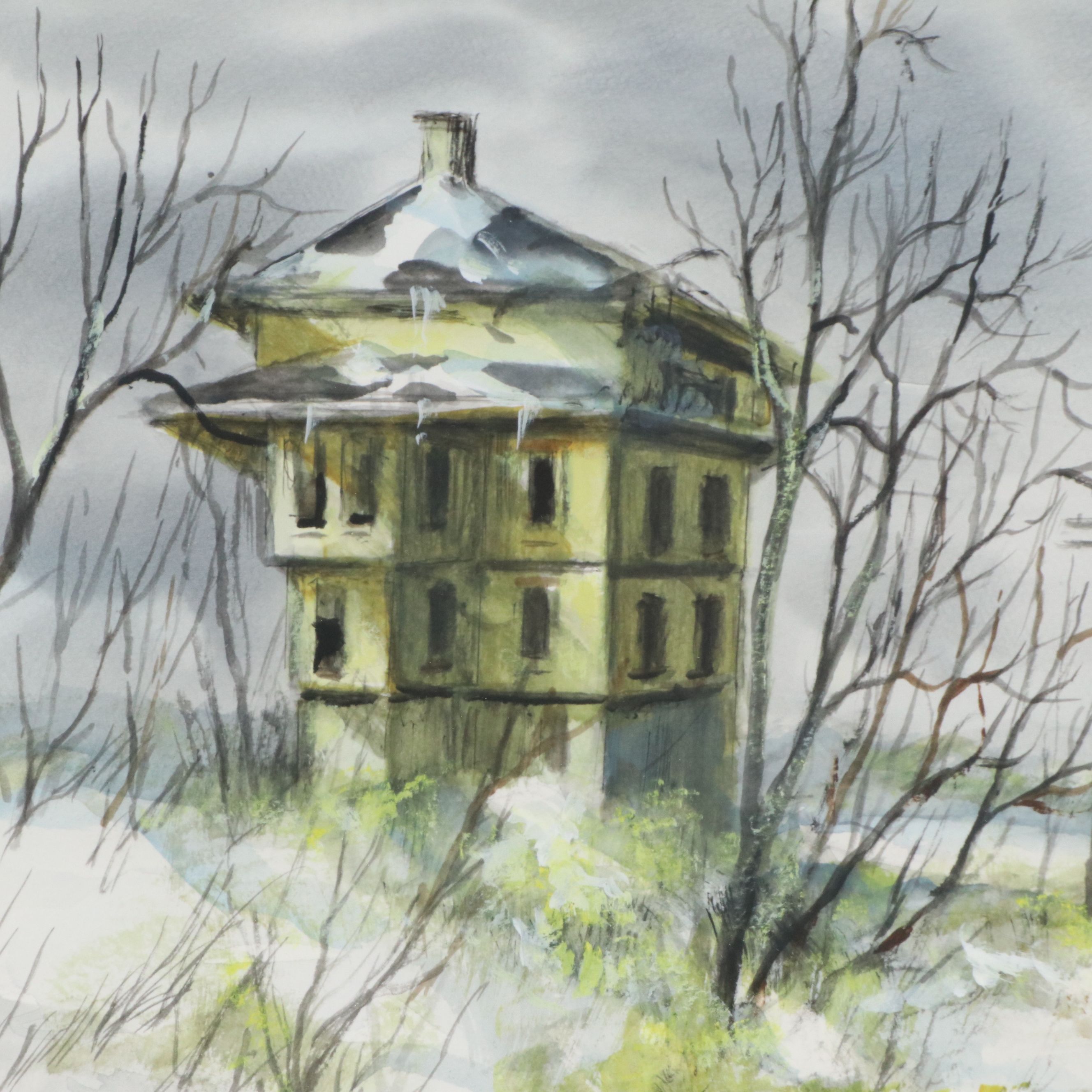 Robert Fabe Watercolor Painting of Lonely Winter House, Mid to Late 20th Century