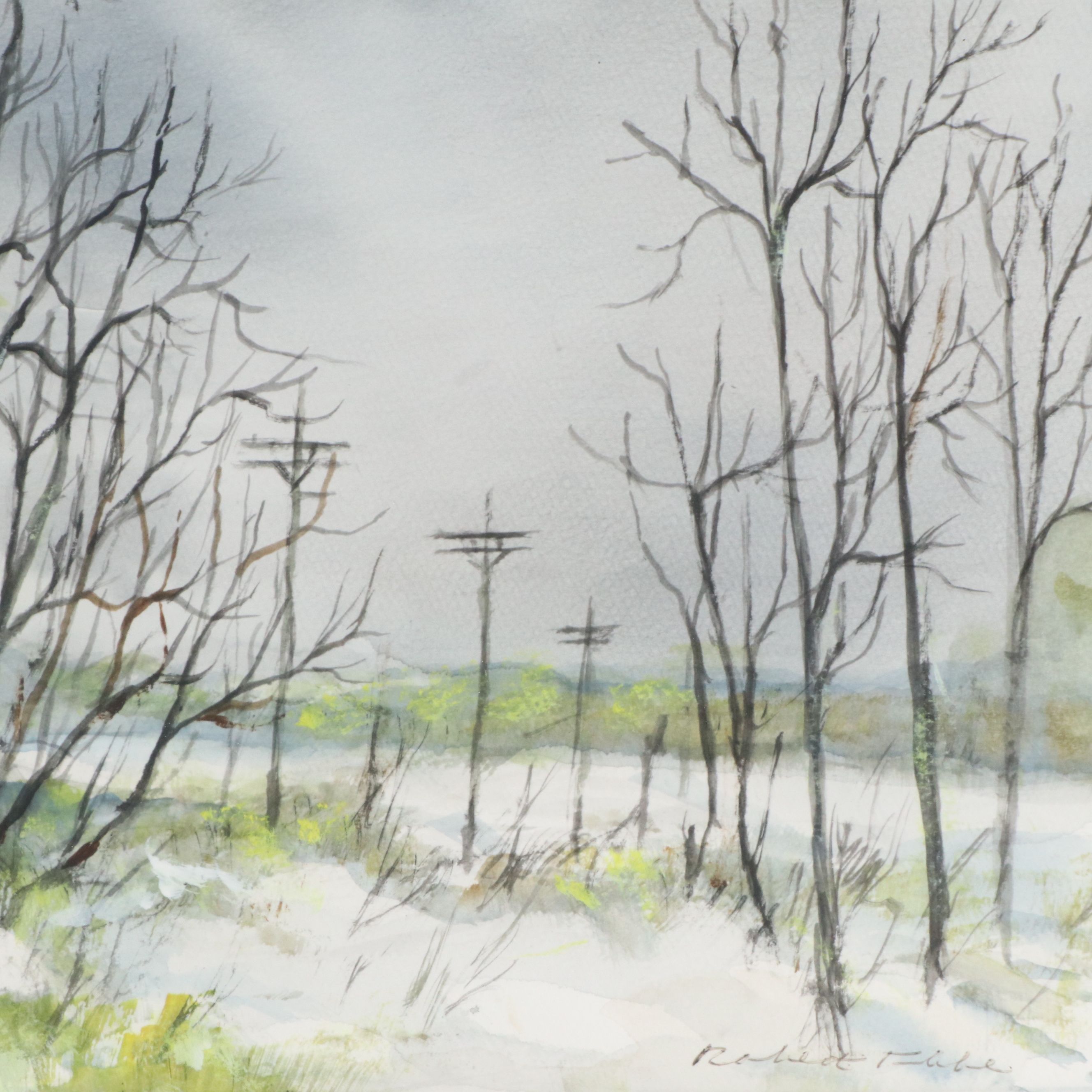 Robert Fabe Watercolor Painting of Lonely Winter House, Mid to Late 20th Century