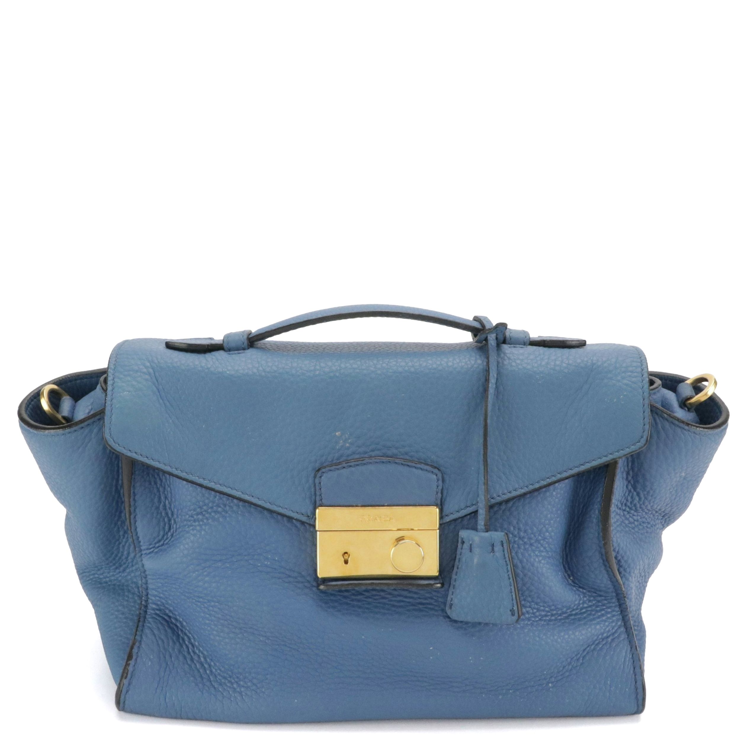 Prada Sound Lock Two-Way Satchel in Blue Vitello Daino Leather