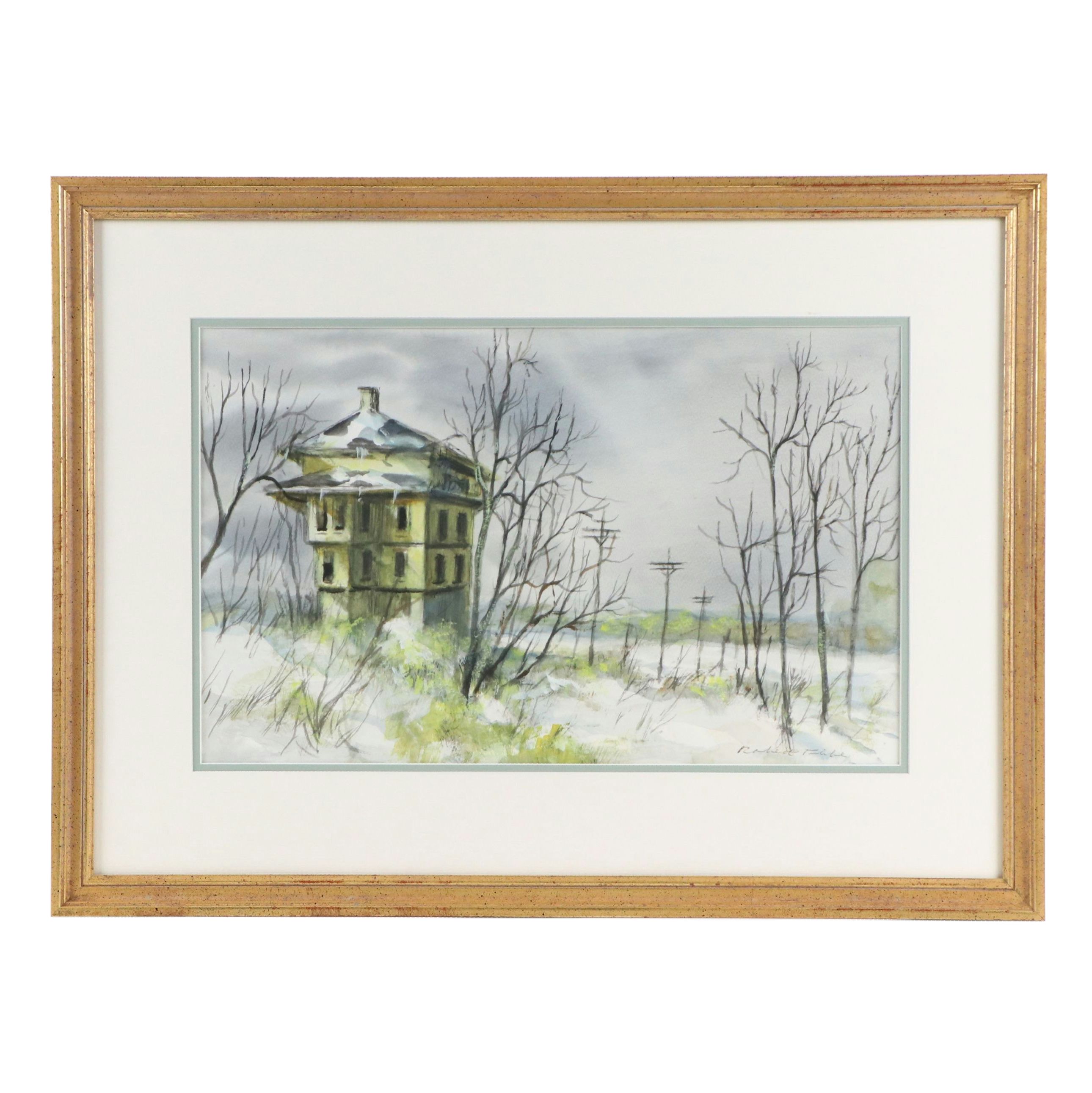 Robert Fabe Watercolor Painting of Lonely Winter House, Mid to Late 20th Century