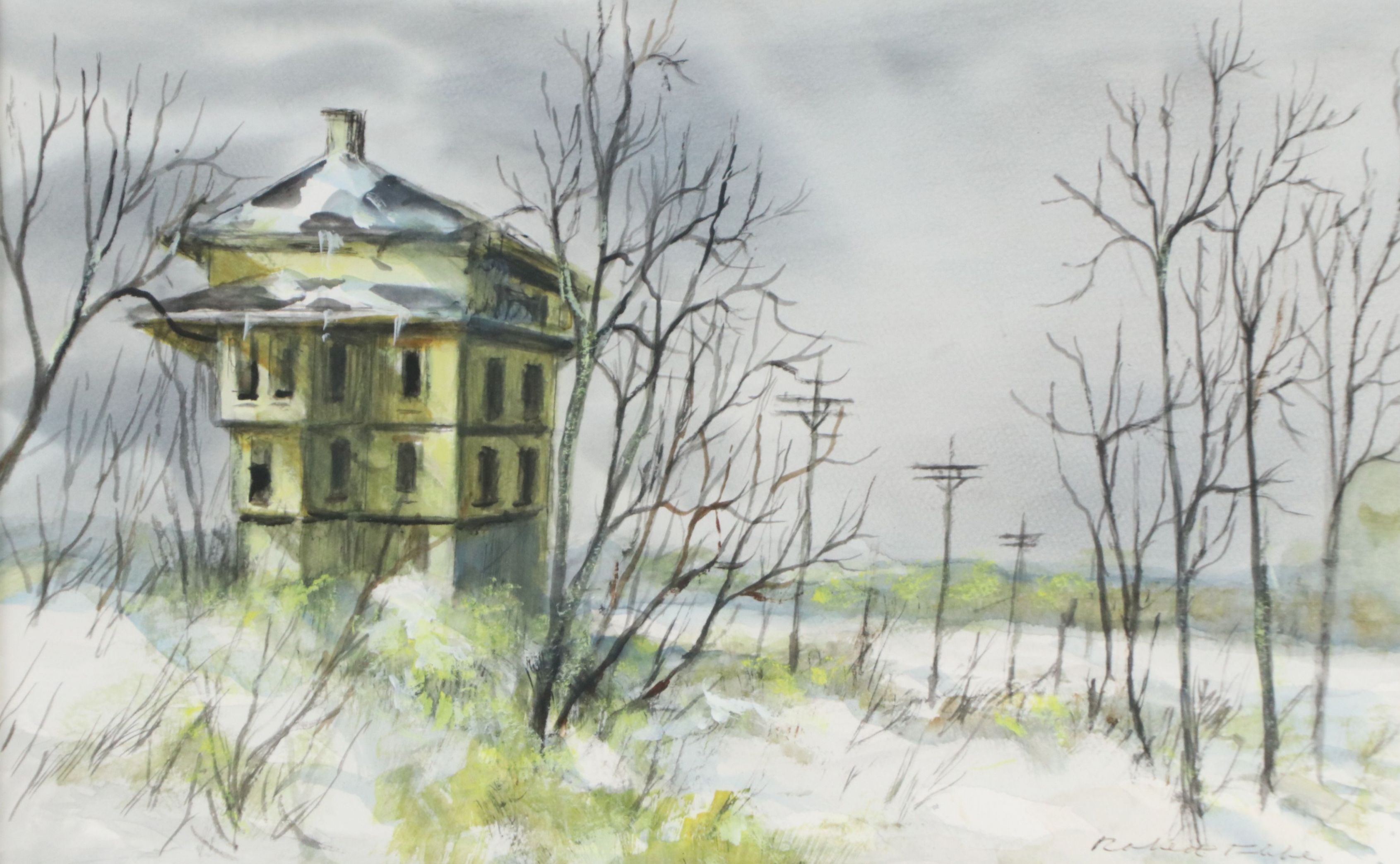Robert Fabe Watercolor Painting of Lonely Winter House, Mid to Late 20th Century