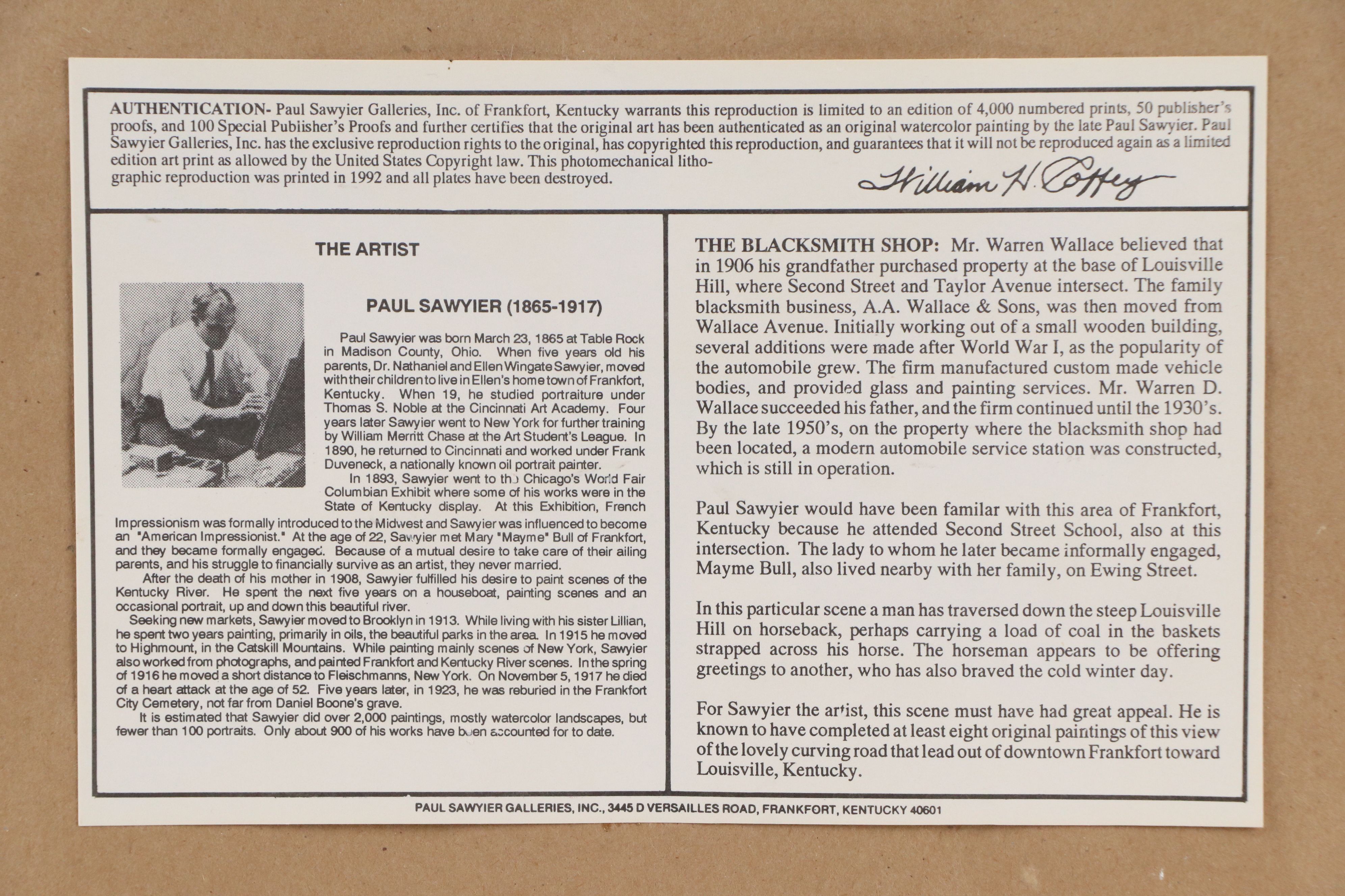 Paul Sawyier Offset Lithograph "The Blacksmith Shop," 1992