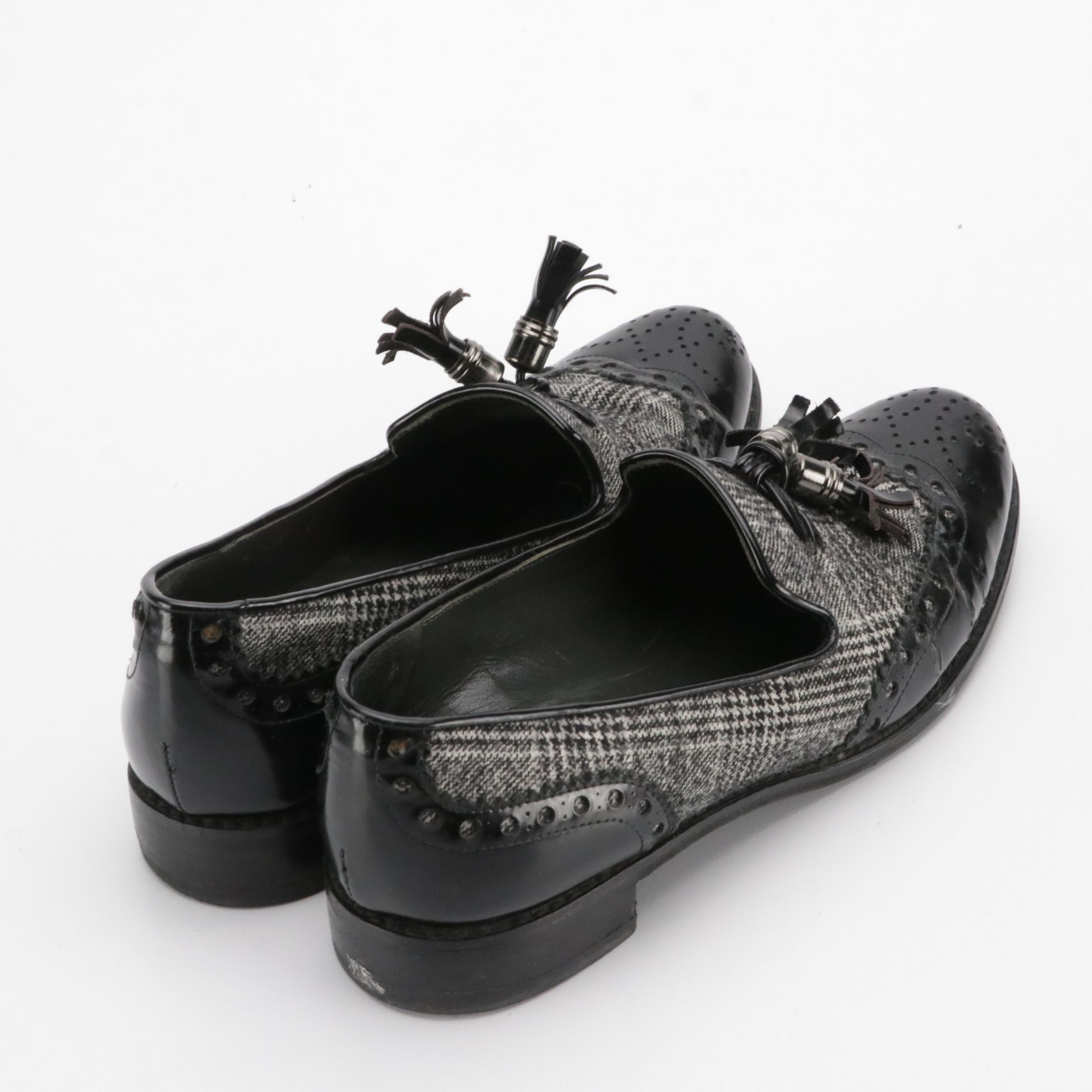 Stuart Weitzman Tassel Derby Loafers in Black & White Tweed and Patent Leather