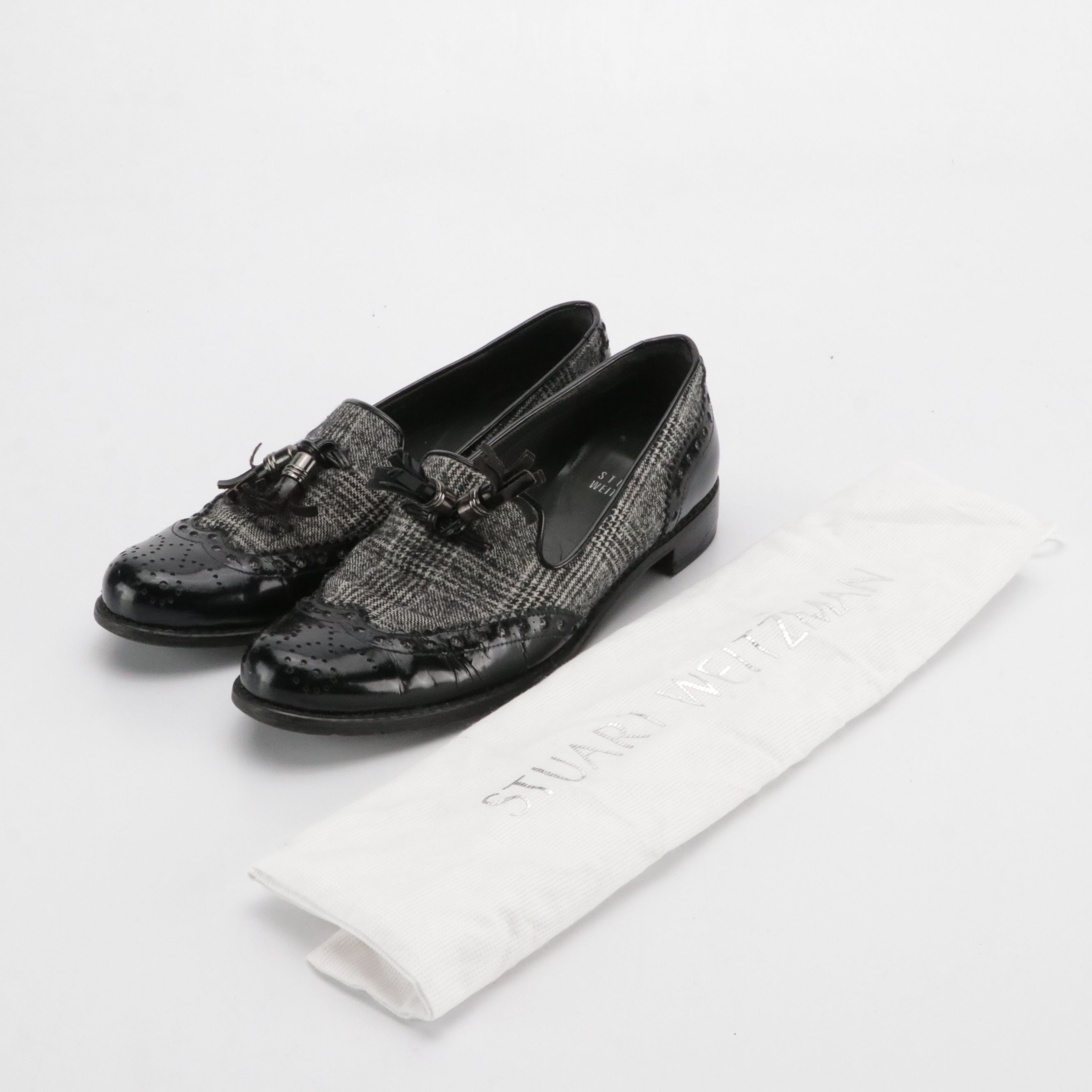 Stuart Weitzman Tassel Derby Loafers in Black & White Tweed and Patent Leather