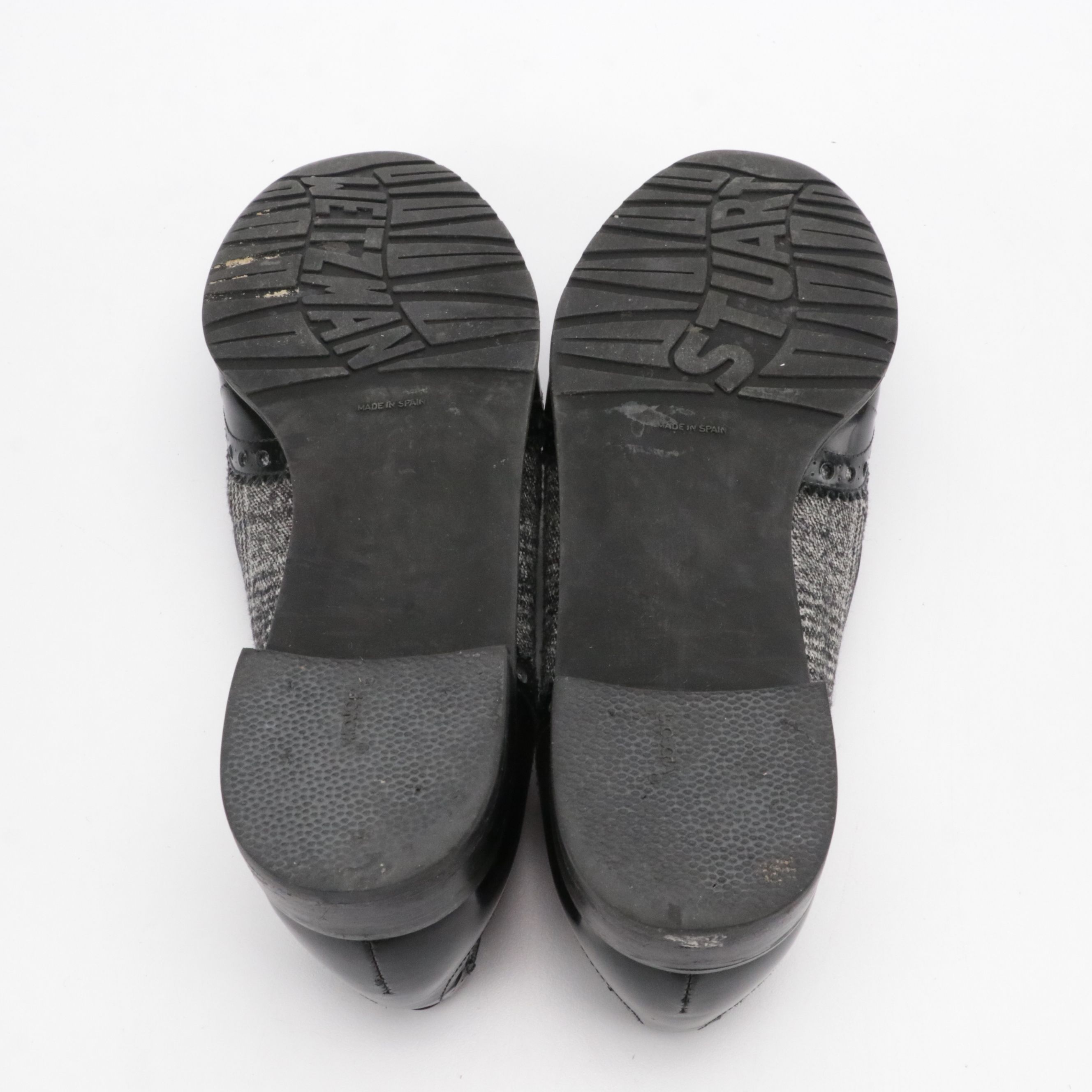 Stuart Weitzman Tassel Derby Loafers in Black & White Tweed and Patent Leather