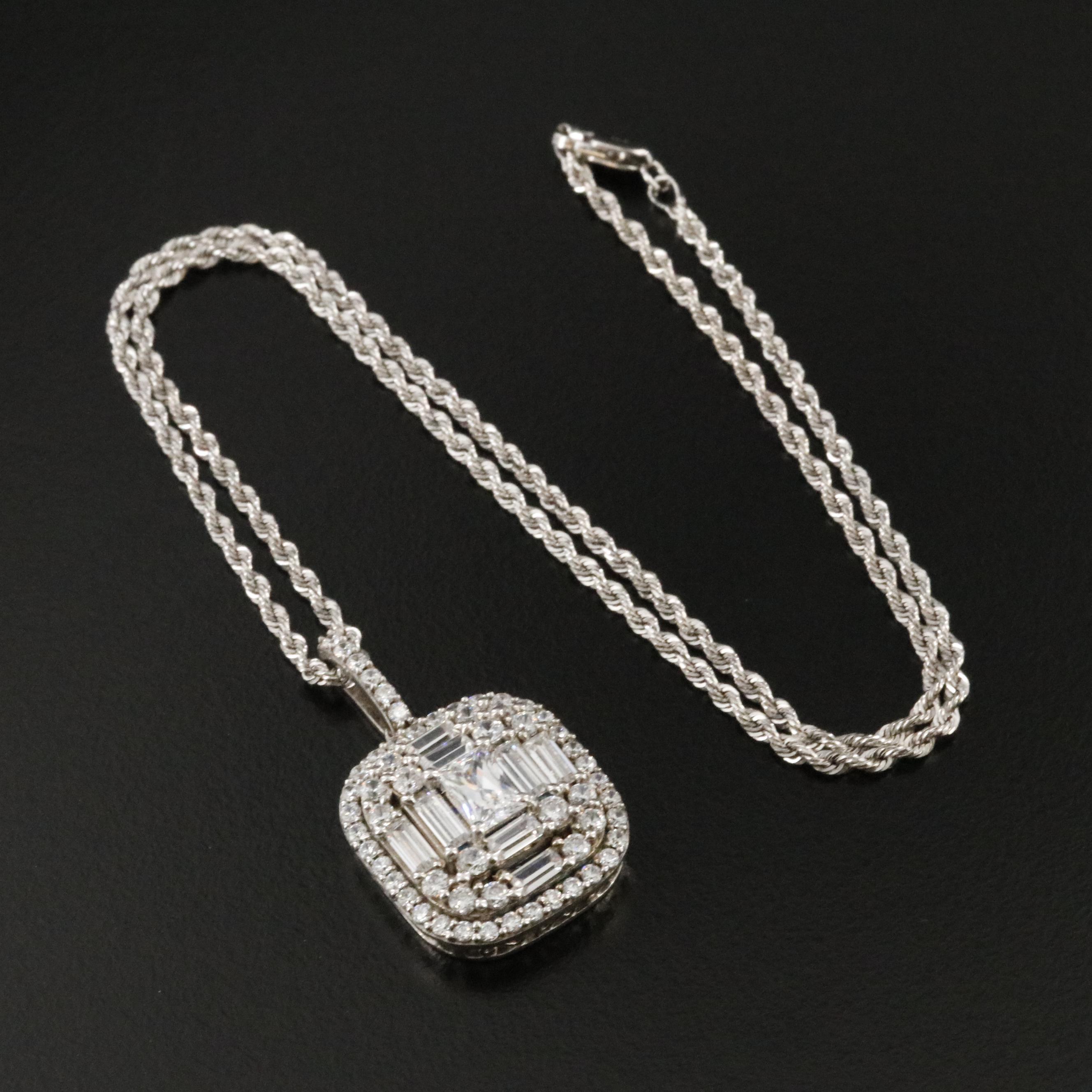 Sterling CZ Pendant on 14K Rope Chain Necklace