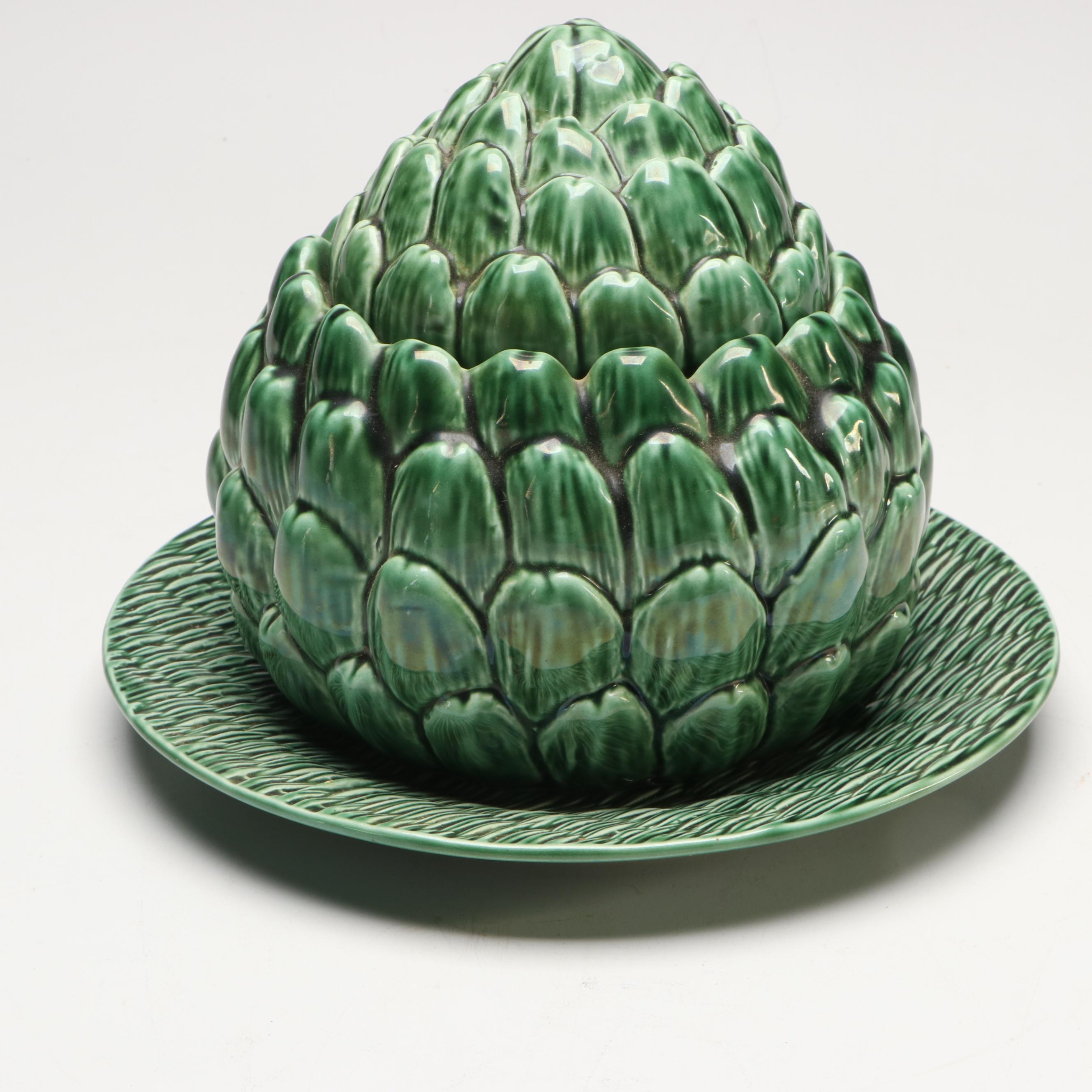 Mottahedeh Artichoke Jar and Plate with Lemon Pitcher and Other Art Pottery