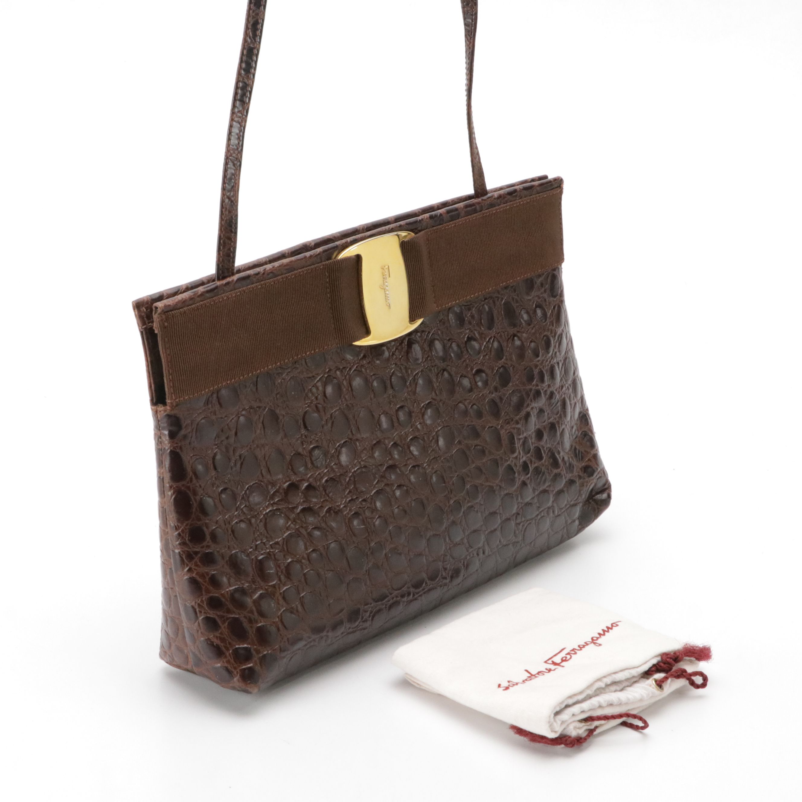 Salvatore Ferragamo Vara Crossbody Clutch in Brown Croc Embossed Leather