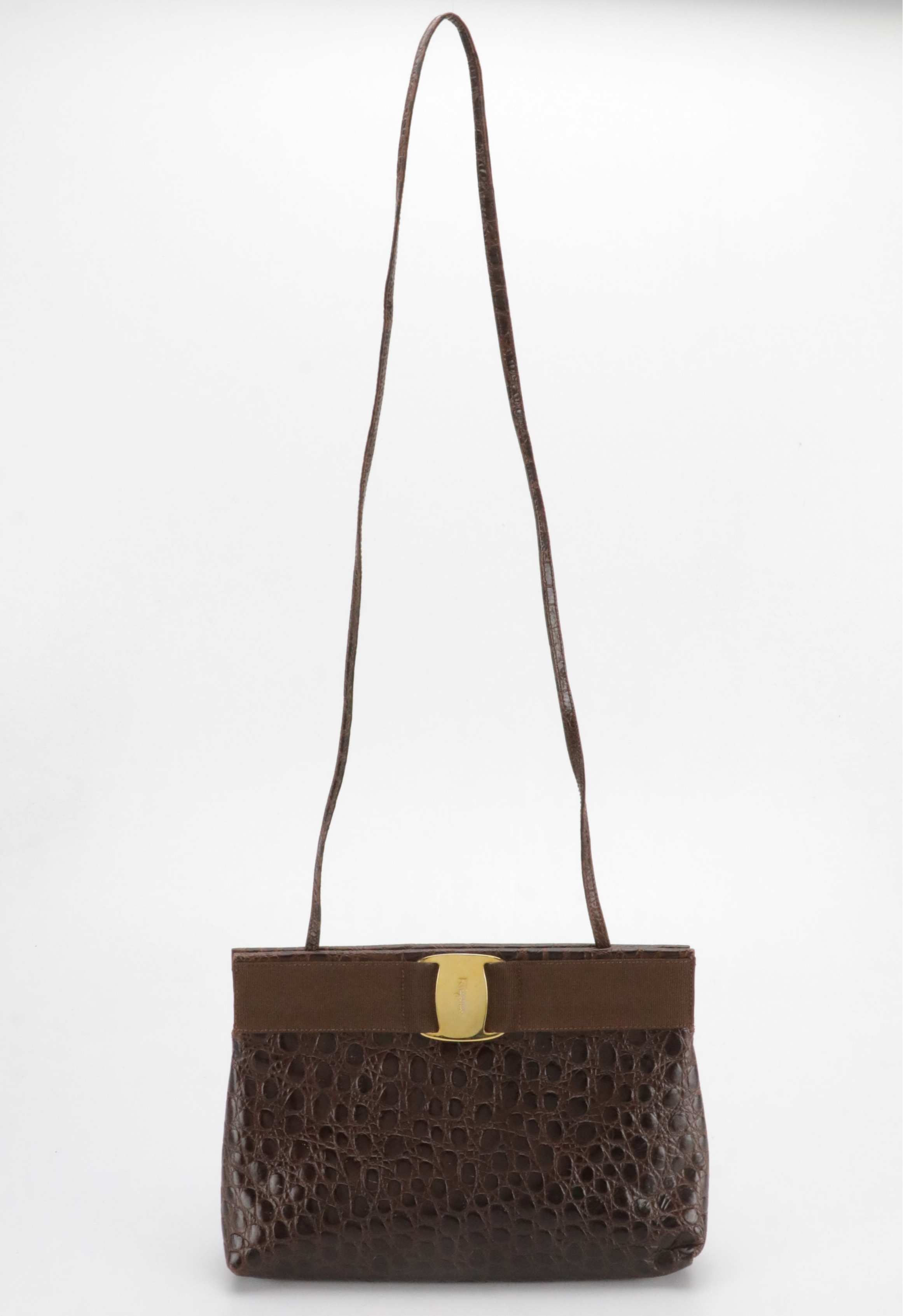 Salvatore Ferragamo Vara Crossbody Clutch in Brown Croc Embossed Leather