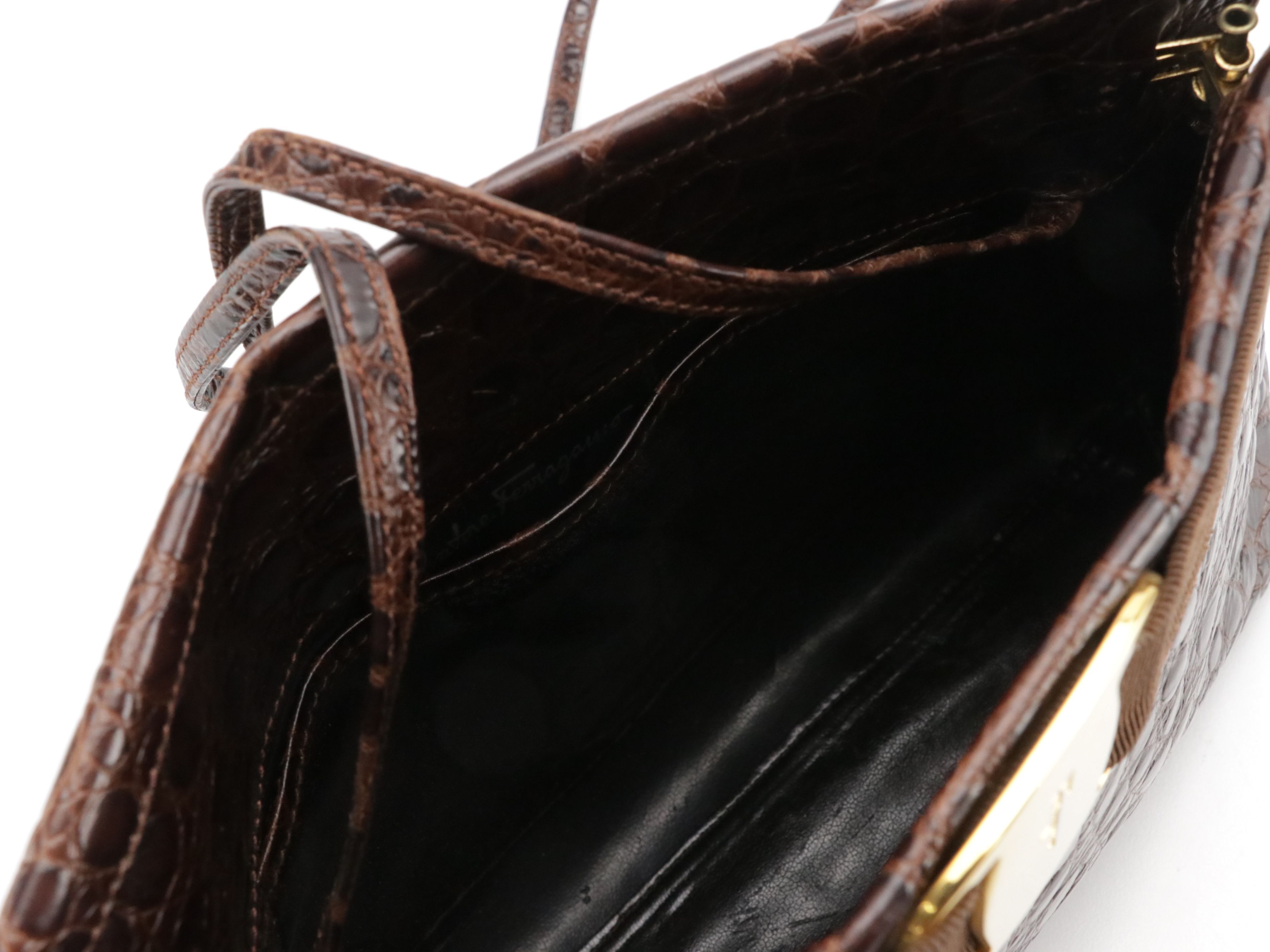 Salvatore Ferragamo Vara Crossbody Clutch in Brown Croc Embossed Leather