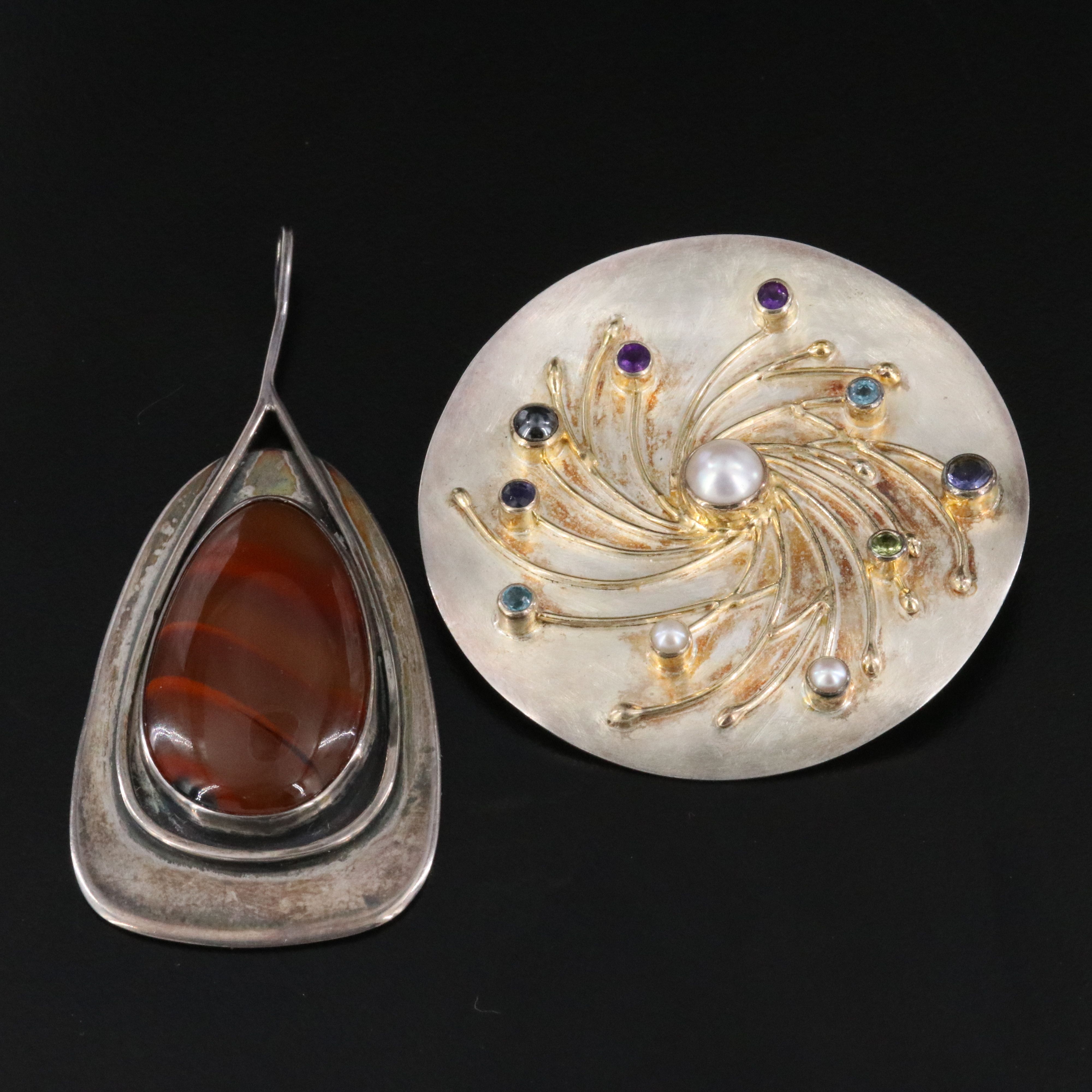 Sterling Michou Pearl, Amethyst and Topaz Converter Brooch and Agate Pendant