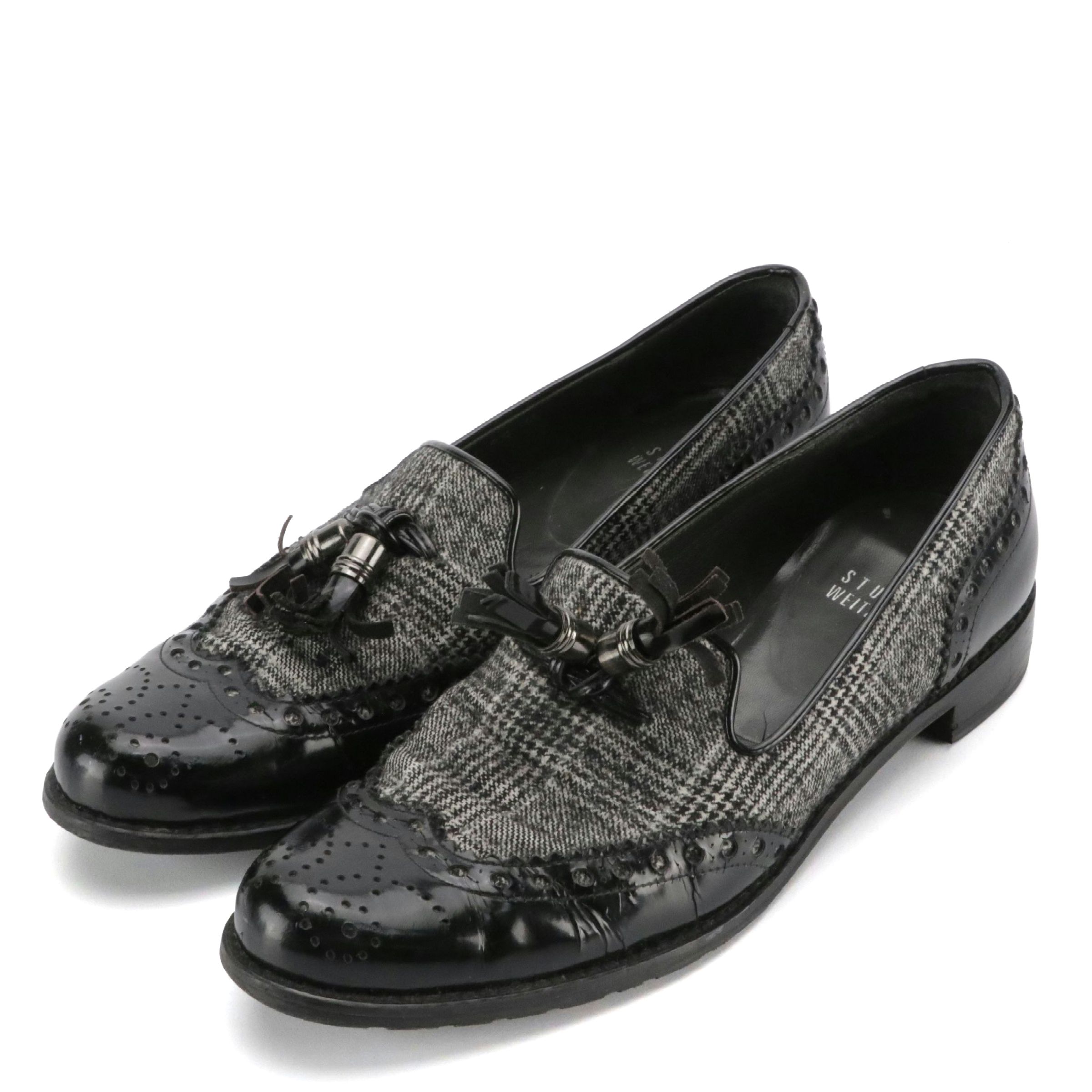 Stuart Weitzman Tassel Derby Loafers in Black & White Tweed and Patent Leather