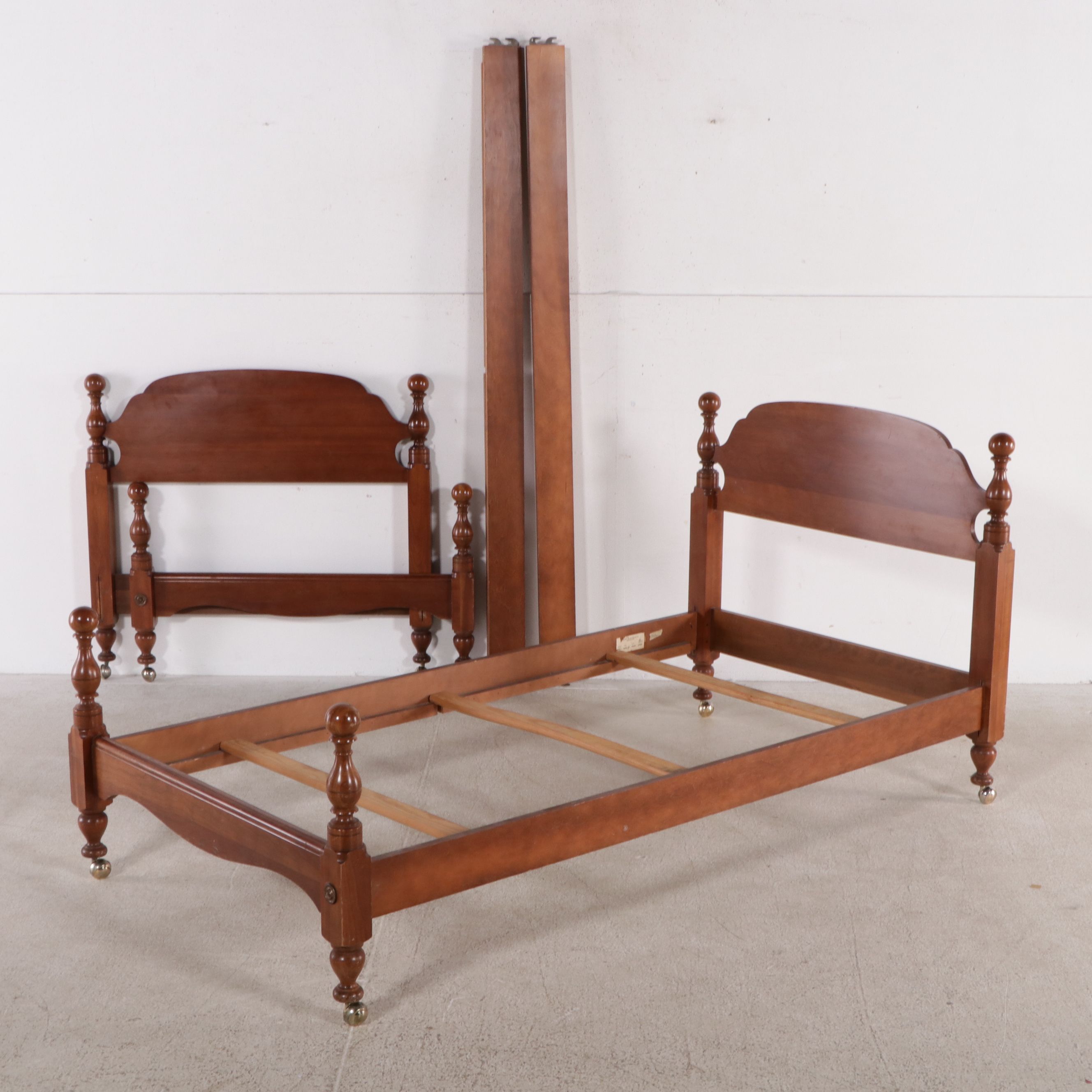 Pair of John Wanamaker Federal Style Cherry Twin Cannonball Bed Frames