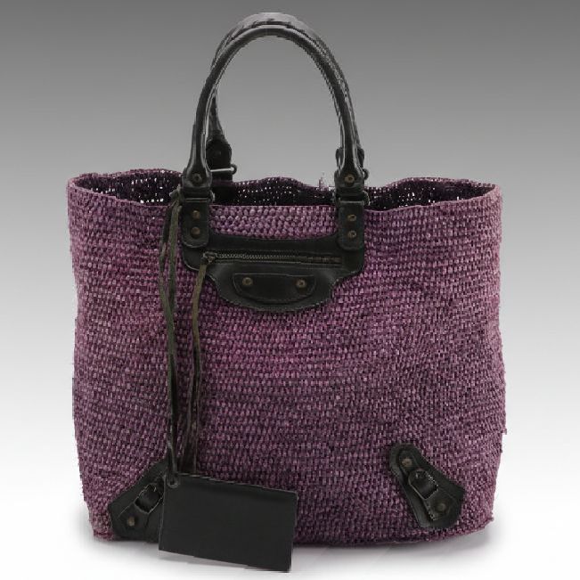 Balenciaga City Tote in Woven Raffia with Leather Trim and Classic Hardware
