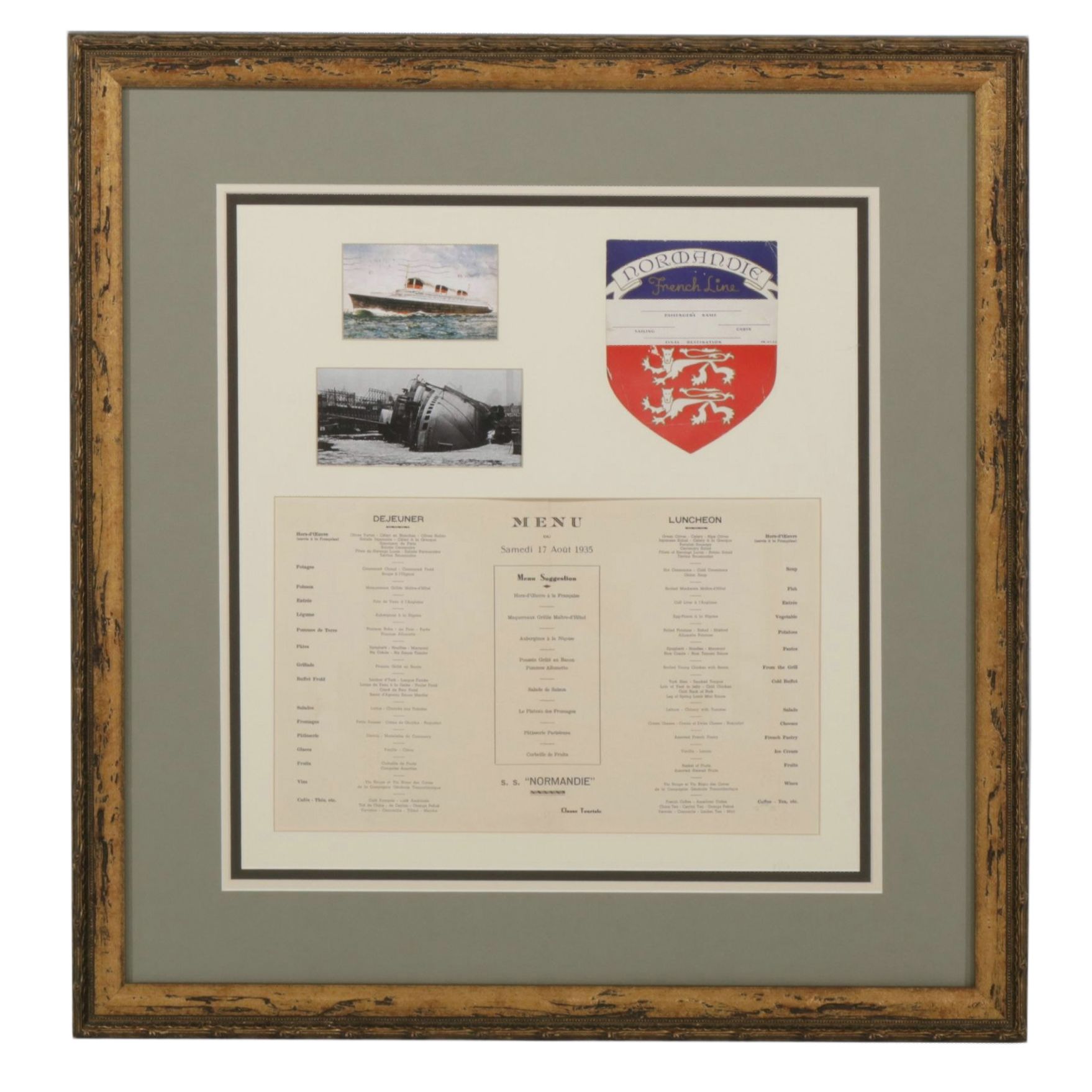 S.S. Normandie Souvenirs Featuring the 1935 Menu in Frame