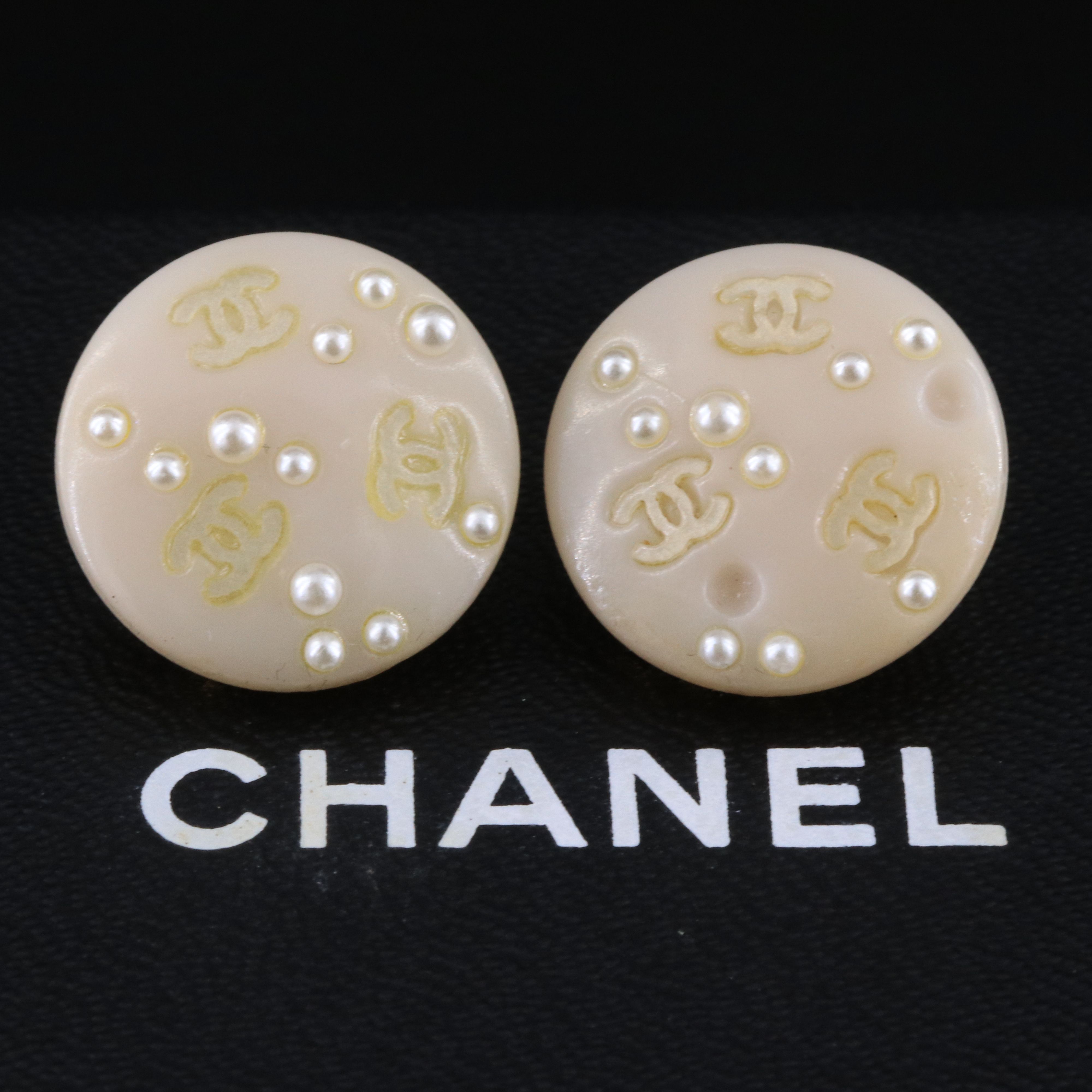 Chanel CC Cream Resin Button Clip Earrings