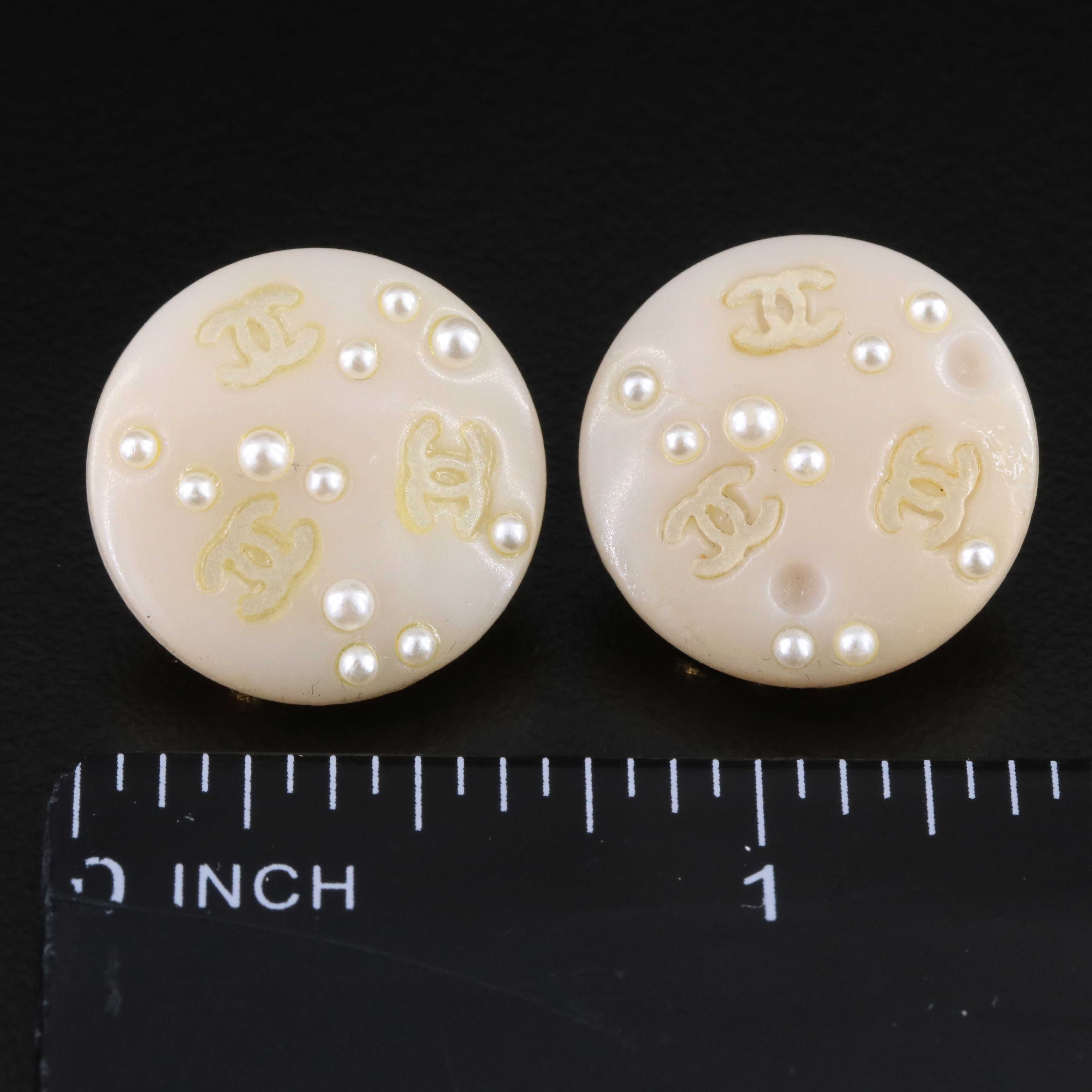 Chanel CC Cream Resin Button Clip Earrings