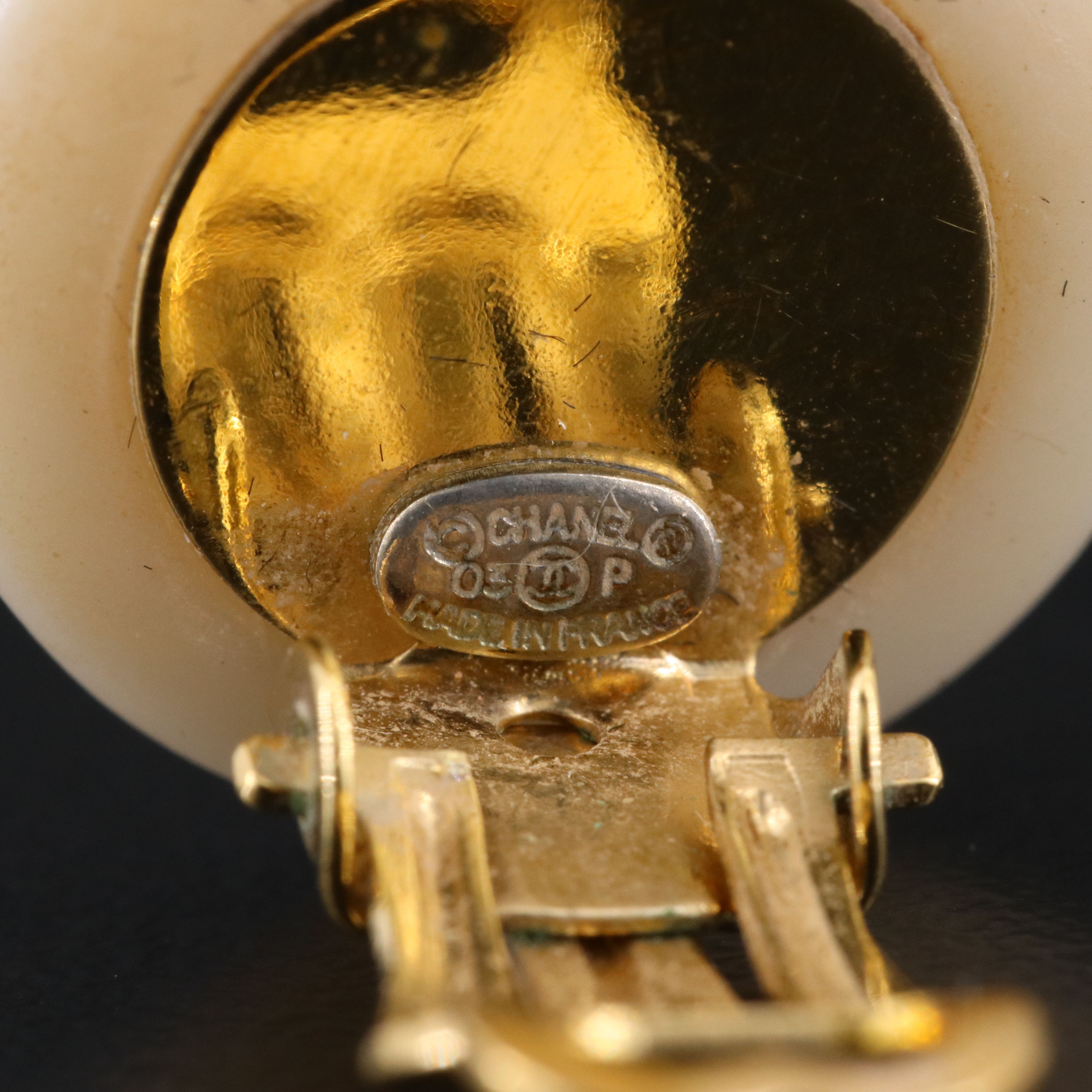 Chanel CC Cream Resin Button Clip Earrings