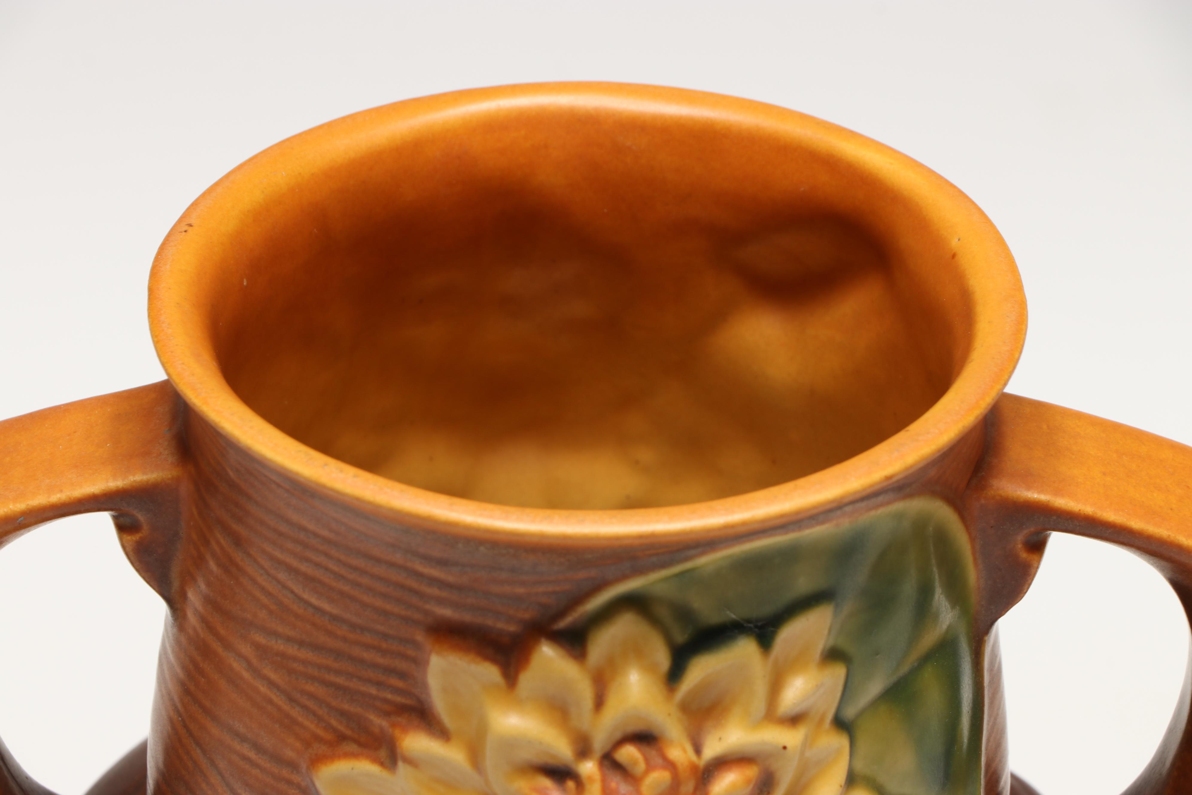 Roseville Pottery "Water Lily Autumn Brown" Handled Vase Pair