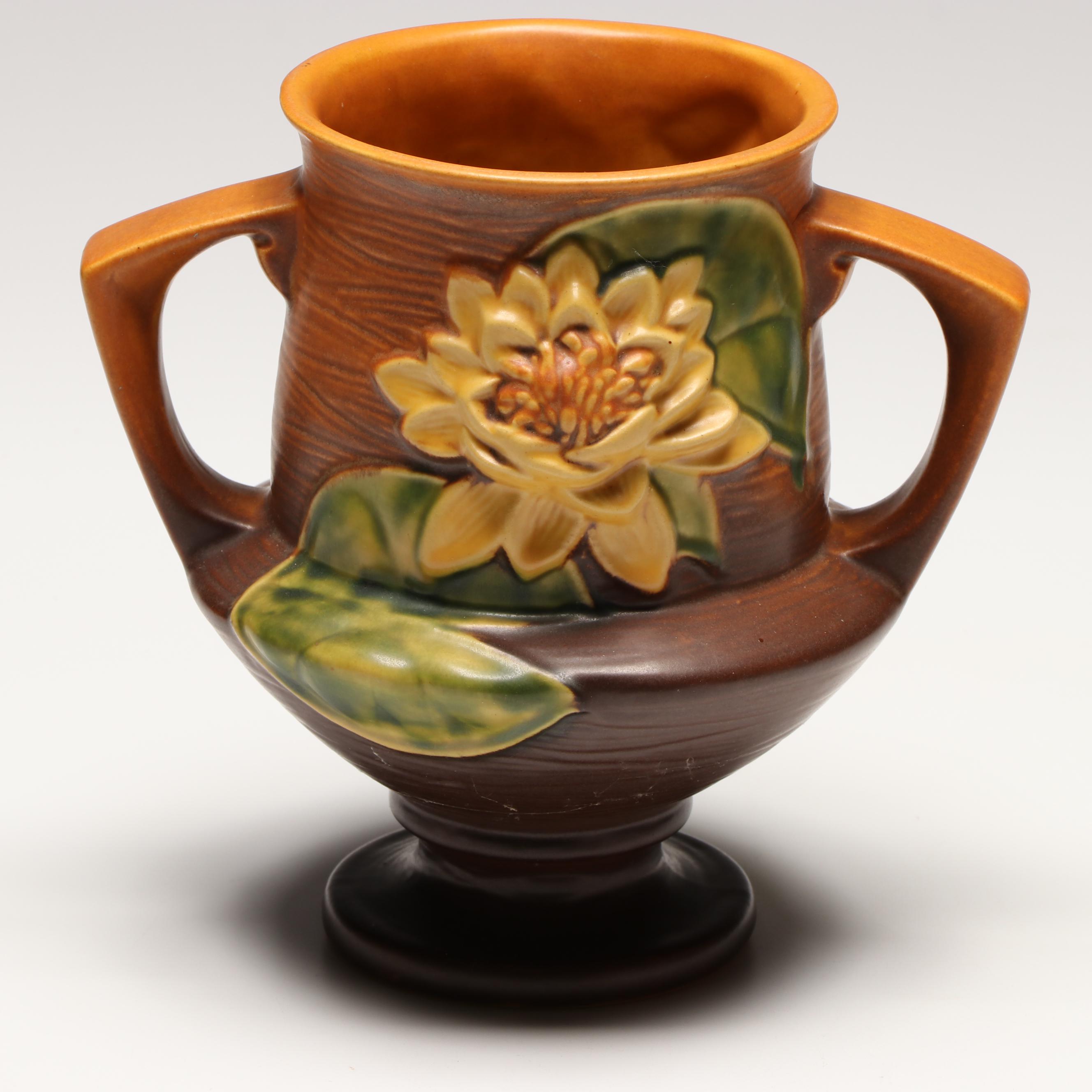 Roseville Pottery "Water Lily Autumn Brown" Handled Vase Pair