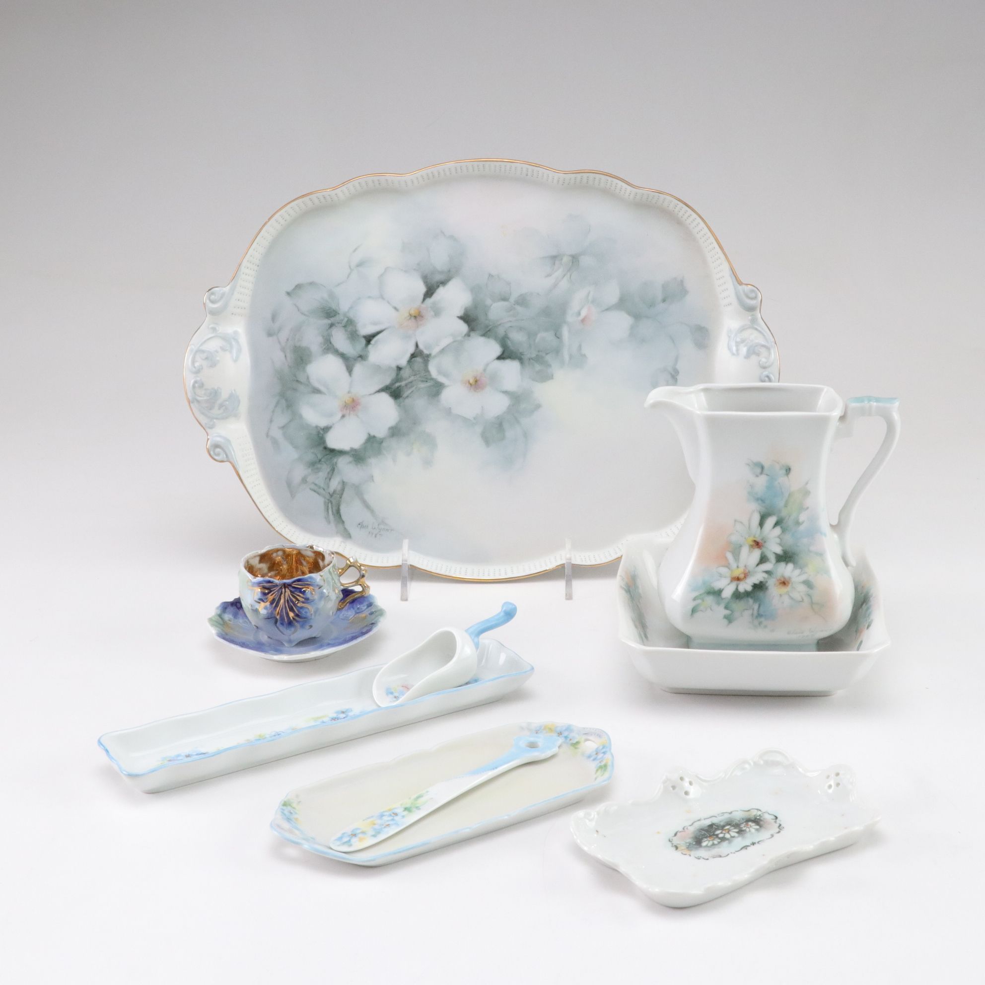 Hand-Painted Floral Porcelain Tray, Creamer, Olive Dish with Scoop, and More