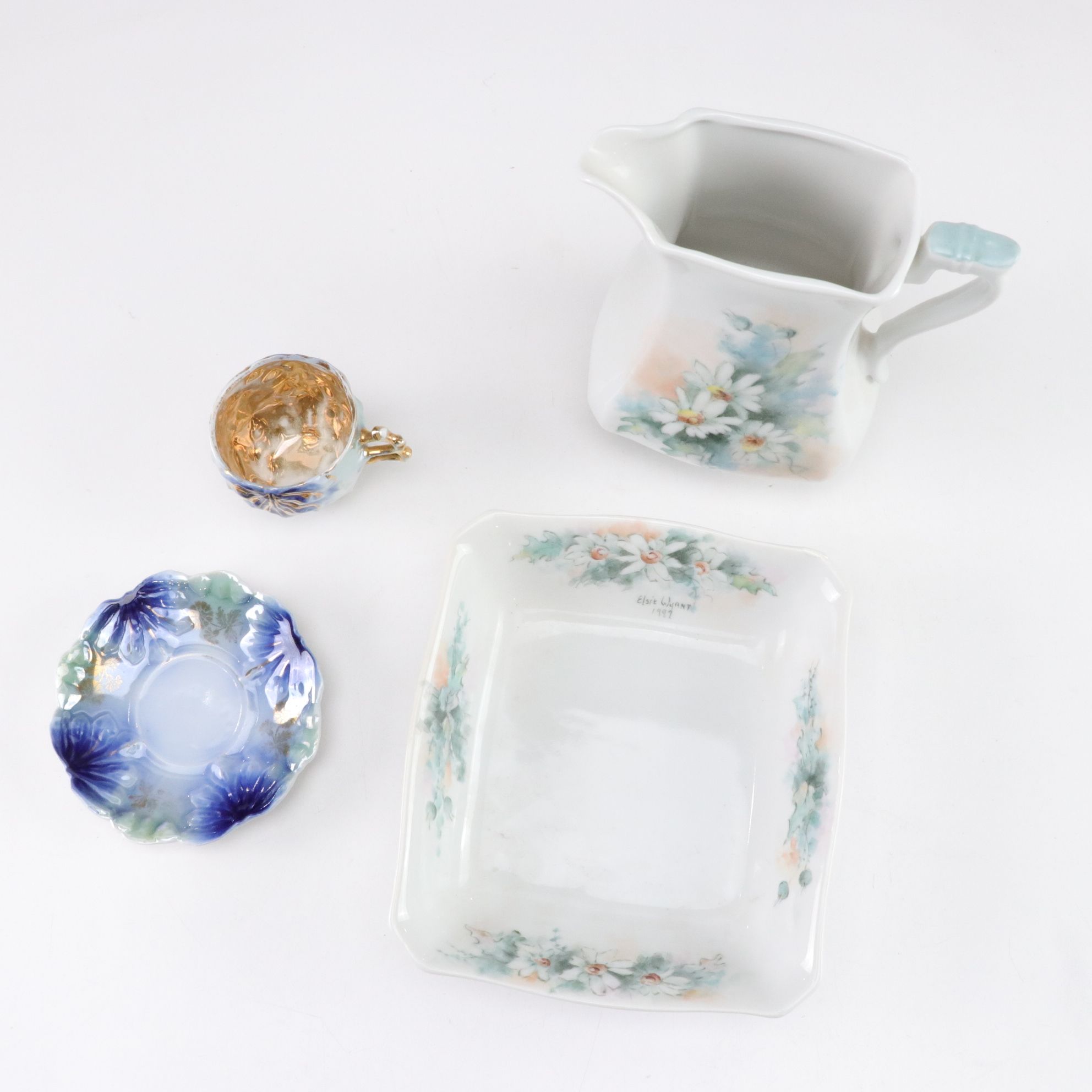 Hand-Painted Floral Porcelain Tray, Creamer, Olive Dish with Scoop, and More